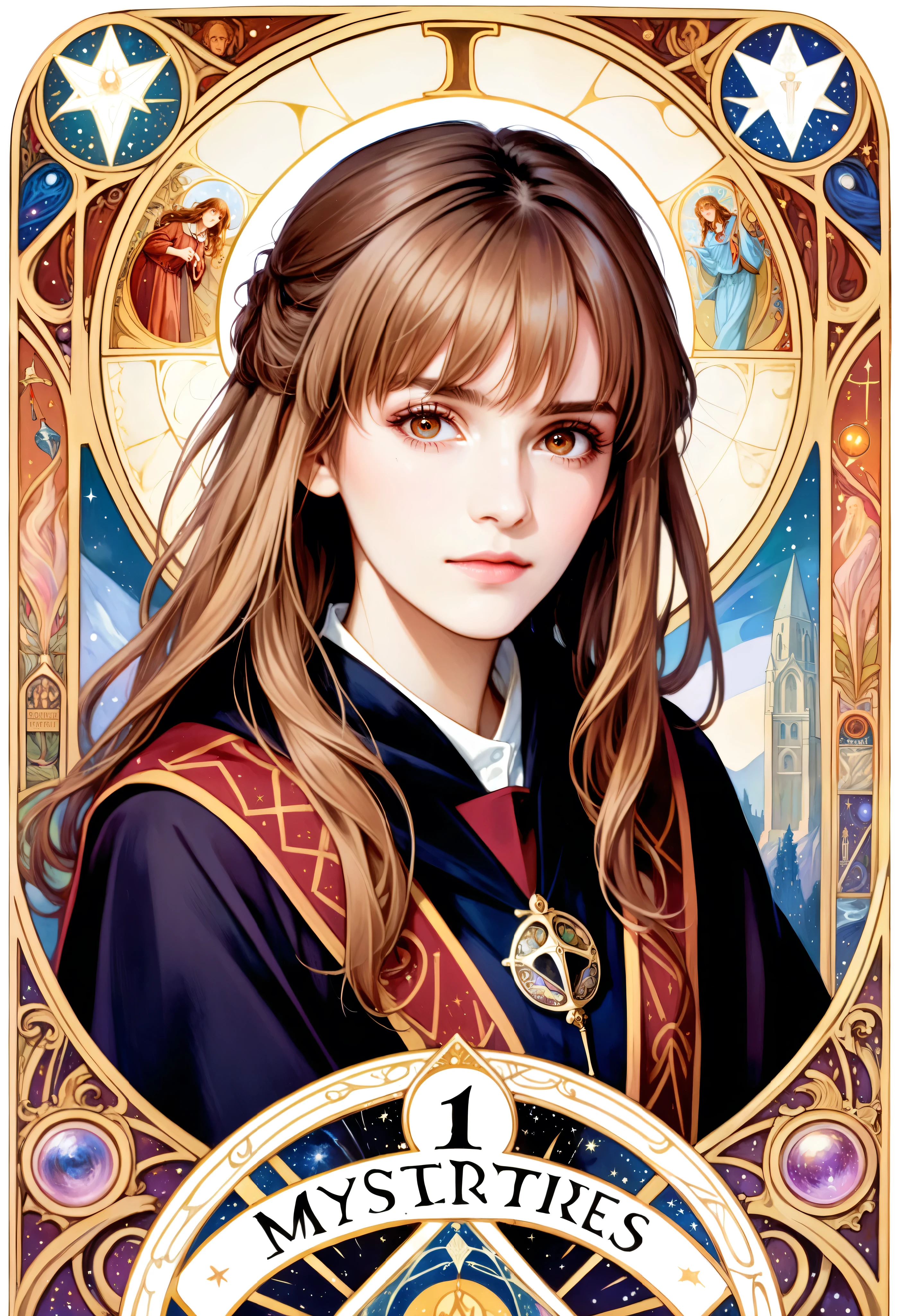 (absurdres, highres, ultra detailed), 1 Female, Brown hair, Brown eyes, Looking at the camera, Hermione Granger, Harry Potter, Finely detailed eyes and detailed face, Mysteries \tarot\, Symbolism, Occult, Universal, Philosophical, Iconography, Numerology, Popularity, Artistic, Alfons Mucha