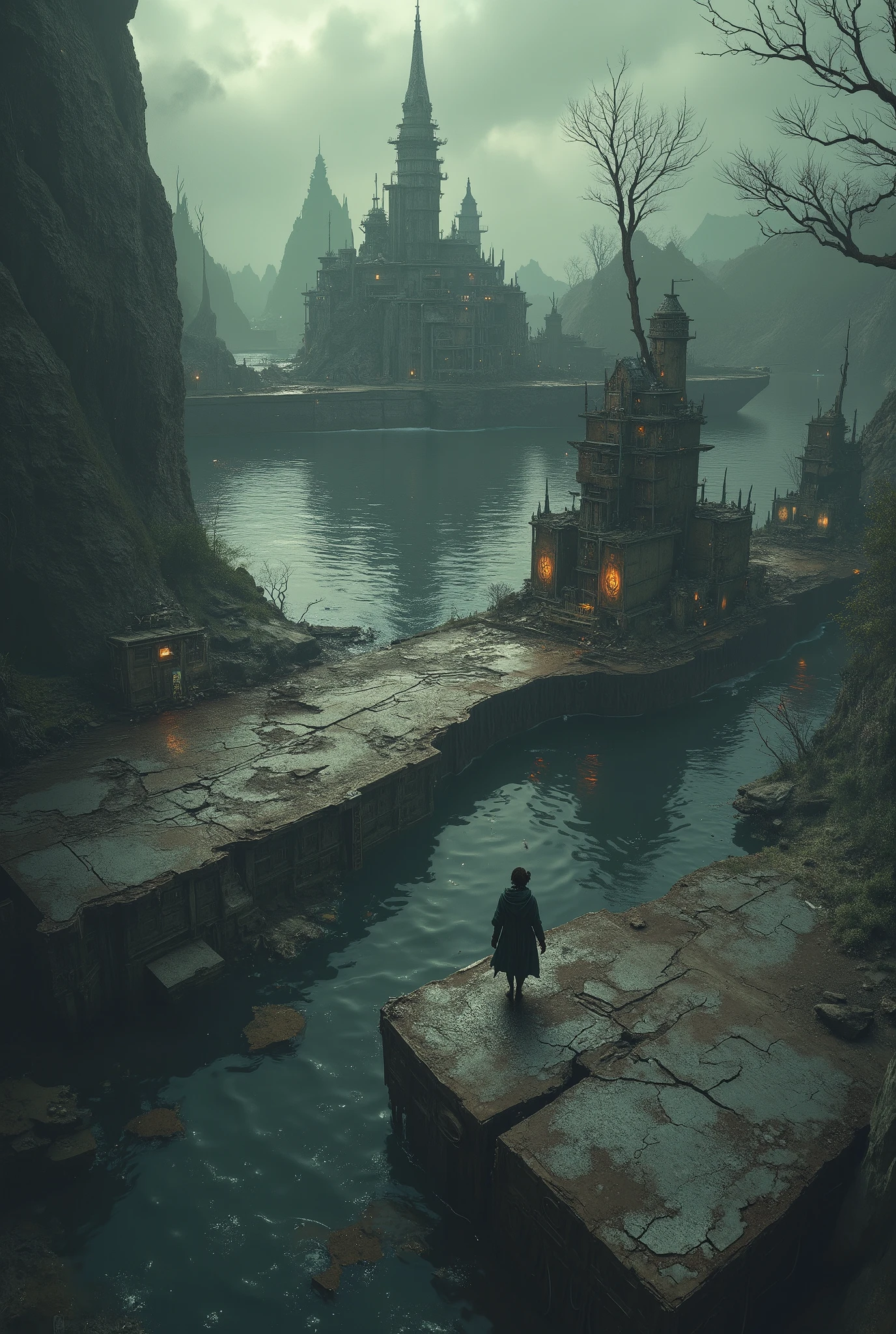 create a post-apocalyptic scenario where water flooded the Earth, few trees, dd high-resolution details such as structures and buildings . Add high-resolution details of placed buildings, etc., cracks in structures , Add high resolution details such as faulty electrical equipment , Insufficient lighting. The scene should be mysterious and dark , have elements of water and ruins , high resolution, super detailed, add ships used as cities , Ship cities , 8k, rich in quality, lady command