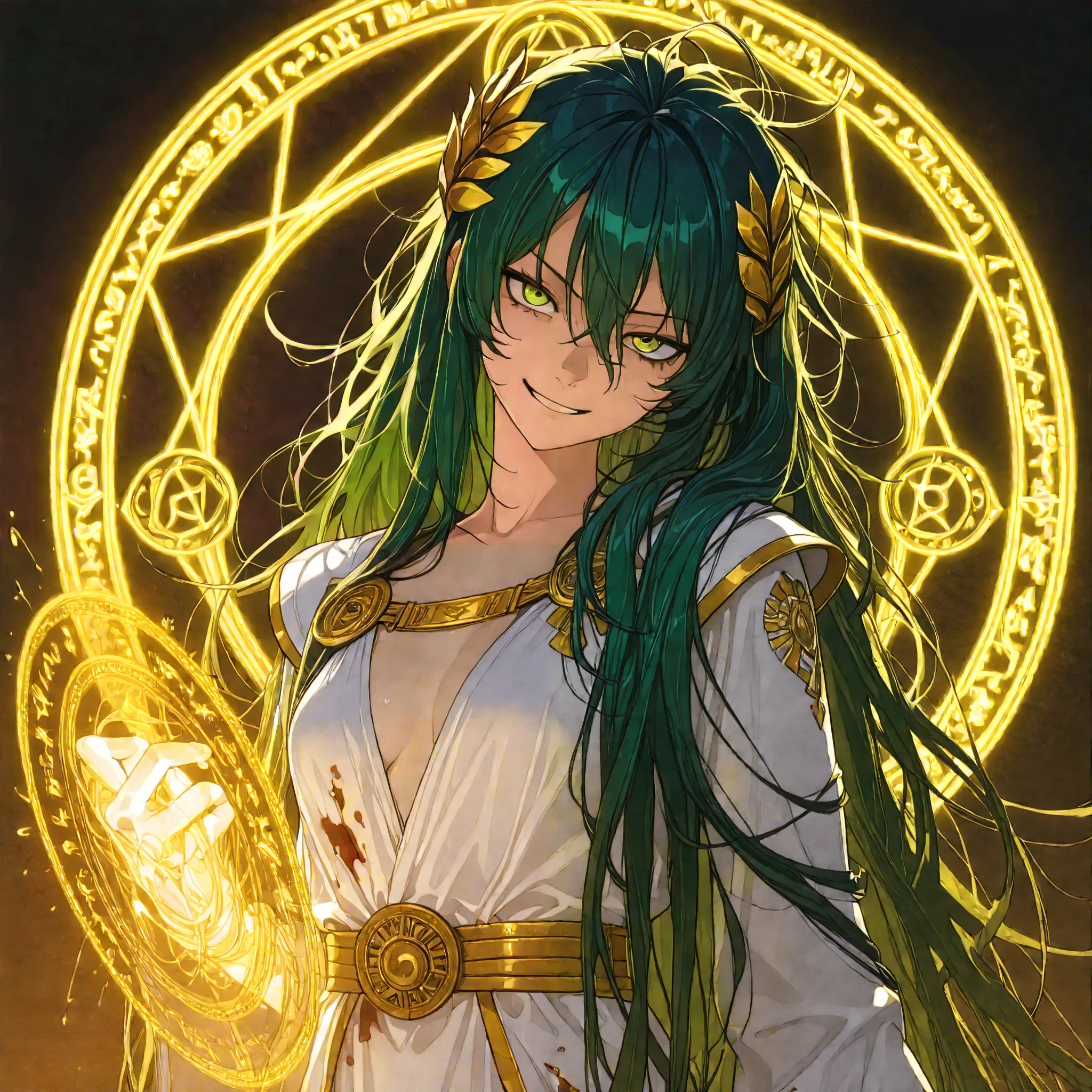 (upper body shot, close up shot, solo:1.0), glowing aura, glowing body, photorealistic anime, extremely detailed, detailed background,magic circle,magic array, detailxl, Anime illustration, detailed anime artstyle, cinematic, volumetric lighting, aurora, massive magical aura, warm light, colorful, light reflection, (head tilt, looking over her shoulder, teasing, death glare, death stare, flirty, romantic, french, royalty, sultry:1.0), (glaring at viewer, side eye, looking at viewer, head tilted upwards:0.97), (1girl:1.08), (young adult, divine beauty, divine warrior:1.4), adolescent, detailed skin, extremely detailed eyes, dynamic pose, armor, green hair, very long hair, (messy hair, hair flowing in the wind:1.77),  green eyes, golden eyes, (wild hair, unruly hair, long hair, crazy smile, yandere, gesugao, tsurime:1.1), (uniform, royal assassin, magical warrior, white royal dress, white armor, delicate clothes, royal ornate greek dress, black and gold trimming, black and gold lining:1.13), laurel crown, ((assassin:1.2) french dress, blood stained clothes:1.2), bloody sun, red sun, warrioress, goddess, god of war, bringer of destruction, small breasts, magic, wielding magic,