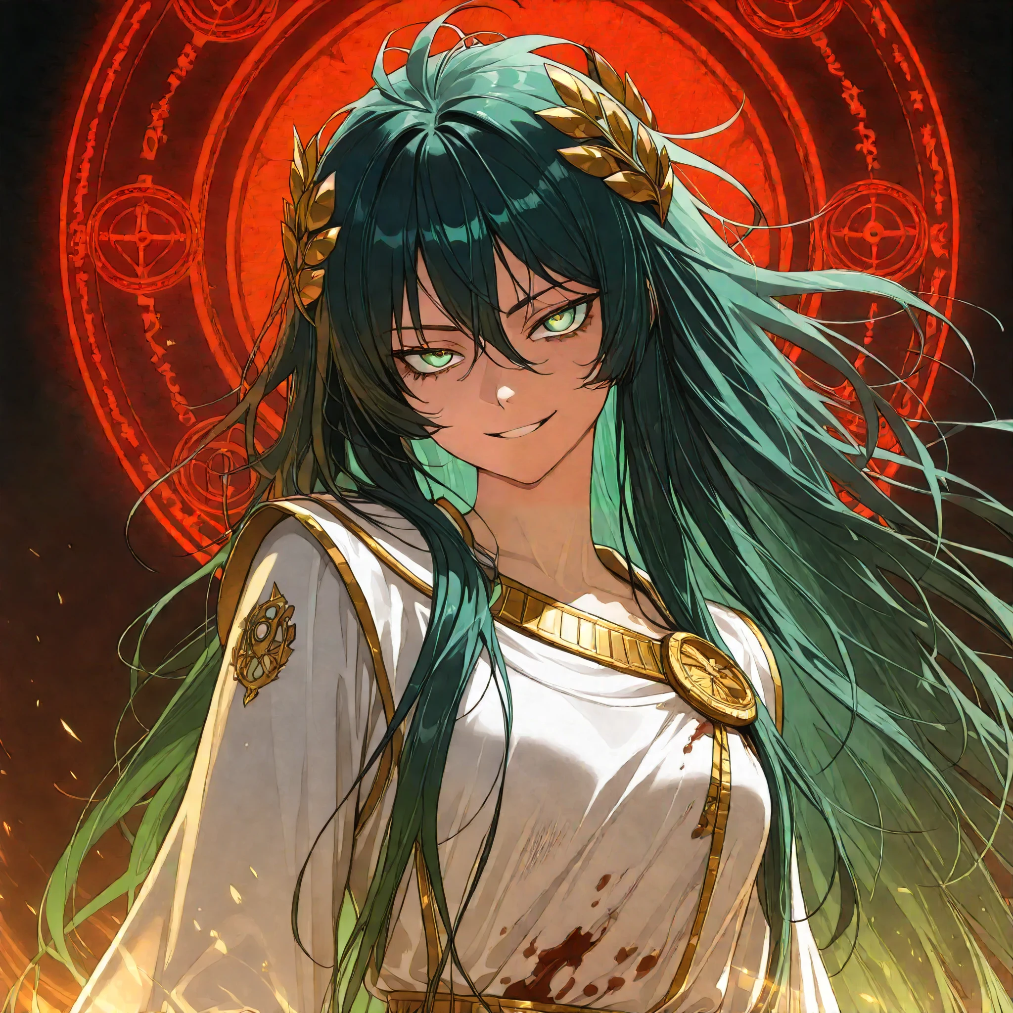 (upper body shot, close up shot, solo:1.0), glowing aura, glowing body, photorealistic anime, extremely detailed, detailed background,magic circle,magic array, detailxl, Anime illustration, detailed anime artstyle, cinematic, volumetric lighting, aurora, massive magical aura, warm light, colorful, light reflection, (head tilt, looking over her shoulder, teasing, death glare, death stare, flirty, romantic, french, royalty, sultry:1.0), (glaring at viewer, side eye, looking at viewer, head tilted upwards:0.97), (1girl:1.08), (young adult, divine beauty, divine warrior:1.4), adolescent, detailed skin, extremely detailed eyes, dynamic pose, armor, green hair, very long hair, (messy hair, hair flowing in the wind:1.77), green eyes, golden eyes, (wild hair, unruly hair, long hair, crazy smile, yandere, gesugao, tsurime:1.1), (uniform, royal assassin, magical warrior, white royal dress, white armor, delicate clothes, royal ornate greek dress, black and gold trimming, black and gold lining:1.13), laurel crown, ((assassin:1.2) french dress, blood stained clothes:1.2), bloody sun, red sun, warrioress, goddess, god of war, bringer of destruction, small breasts, magic, wielding magic,
