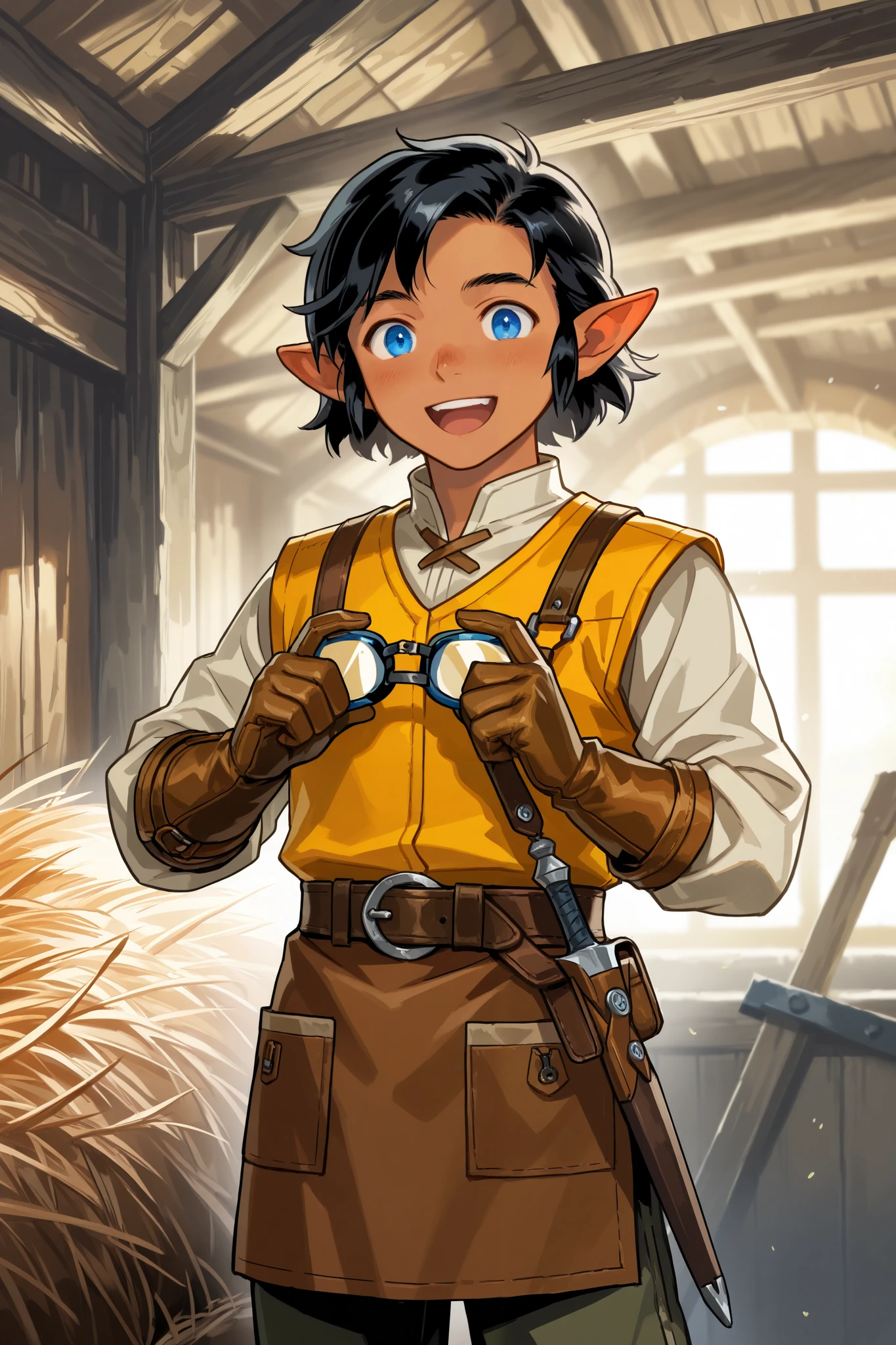 halfling,  (male), tan skin, short stature, curly black hair, blue eyes, ((safety googles)),wearing a yellow wool vest, brown apron over yellow vest, leather gloves, grey breeches, leather belt with potions, standing in a barn, concacting potions, alchemist, [[determined, confident, excited]], fantasy art, dungeons and dragons, close up, npcp