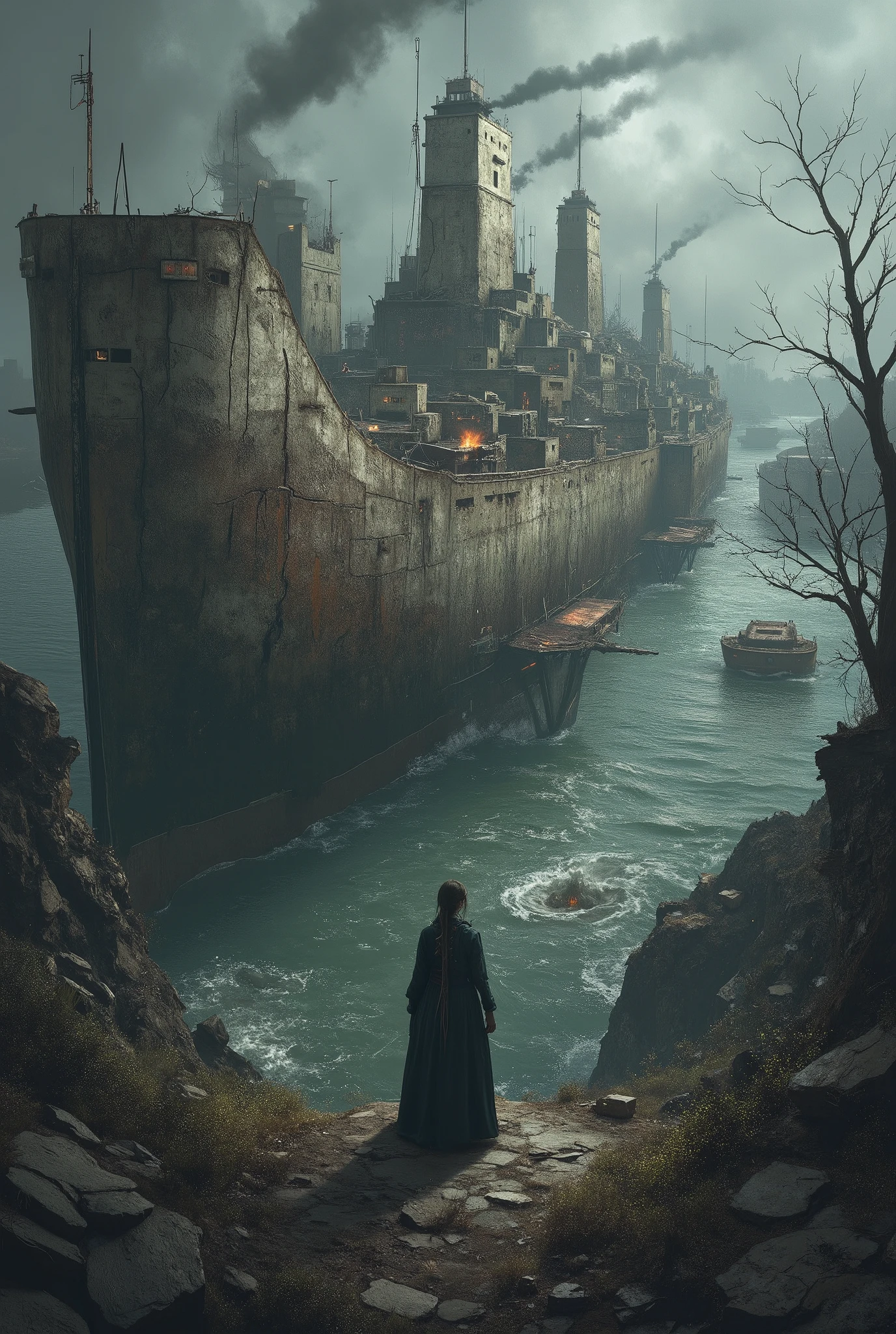   create a post-apocalyptic scenario where water flooded the Earth,  few trees, dd high-resolution details such as structures and buildings . Add high-resolution details of placed buildings, etc.,  cracks in structures ,  Add high resolution details such as faulty electrical equipment  , Insufficient lighting.   The scene should be mysterious and dark  ,  have elements of water and ruins ,  high resolution,  super detailed,  add ships used as cities , Ship cities , 8k,  rich in quality, lady command 