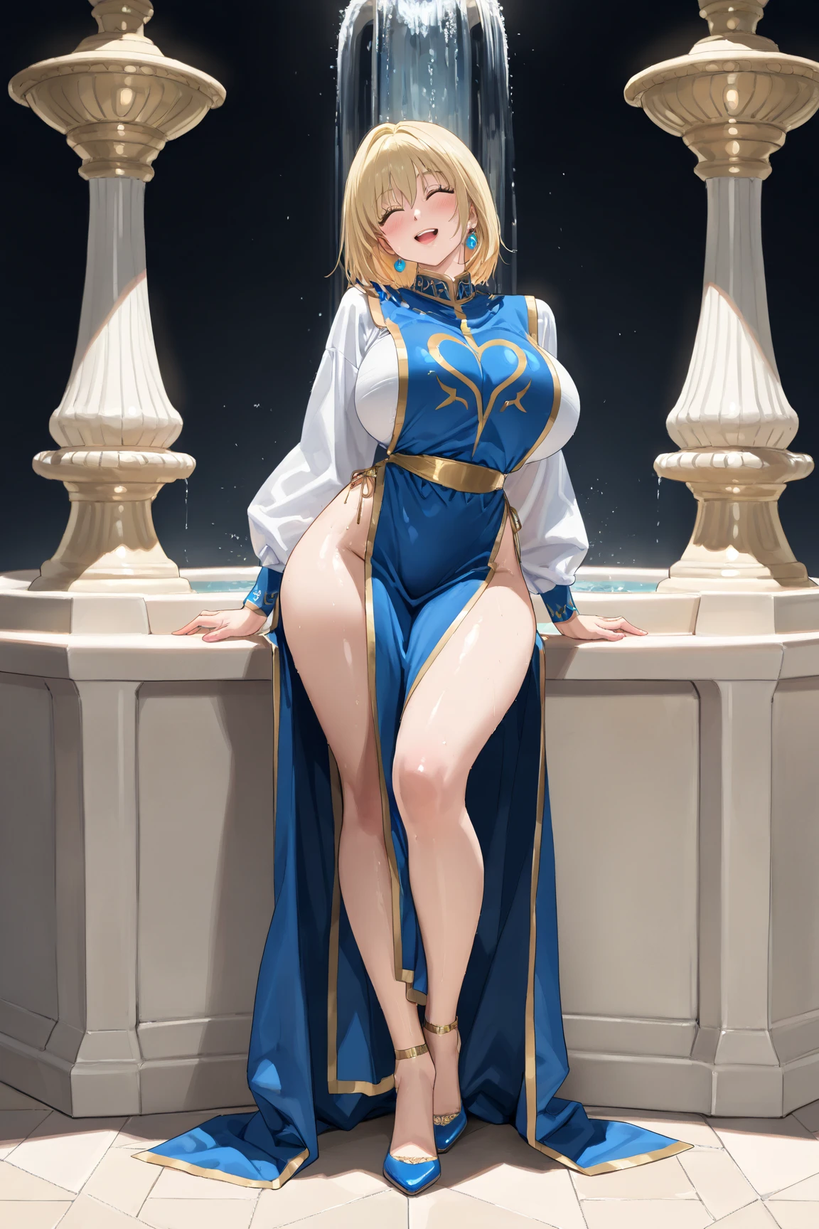 female, golden yellow short hair, blue eyes, (((1girl))), (((blue regal dress))), (white opera gloves), (white tights), (blue heels), (silver and gold jewelry), cute and sexy, full body, huge breasts, long legs, smiling