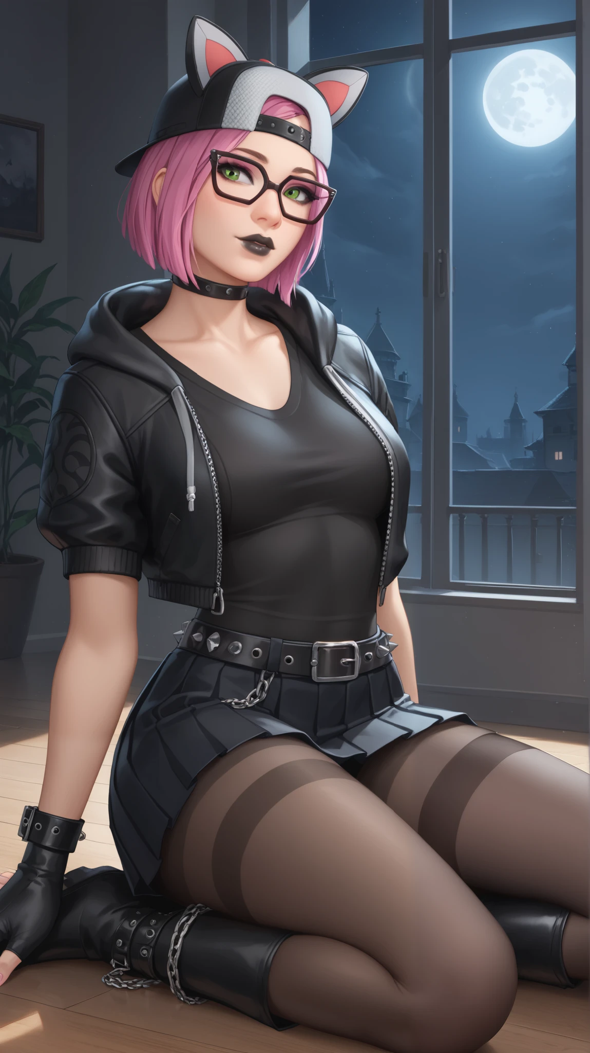 score_9, score_8_up, score_7_up, score_6_up, score_5_up, score_4_up, source_anime, 1 woman, worth, full body, purple hair, long hair, blindfold, tape your mouth shut, w-w-chain, shackles, raise arms, clean hair, black shirt, short, leather boots, thigh high boots, heels, cell, dungeon, best quality, best res, 4K UHD,
 
