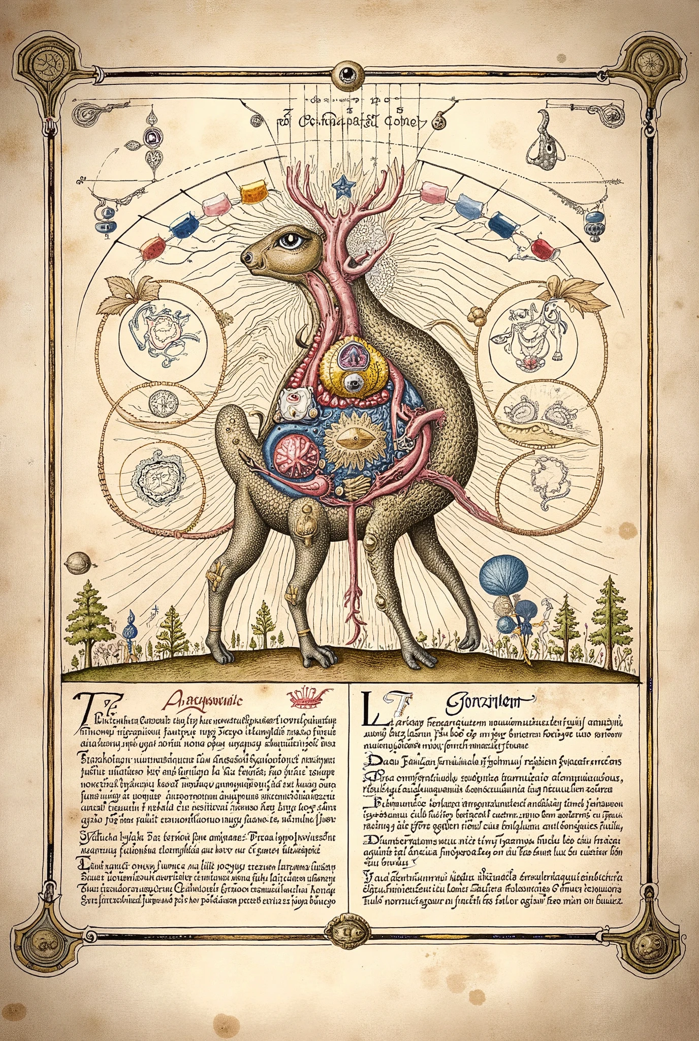 Colourful Medieval Illuminated manuscript style artwork, ((textbook manuscript page)) black ink pen linework illustration of labelled anatomical drawing of ((mythical fantastical woodland dreamland creature)), showing internal structure; bones, muscles, internal organs.