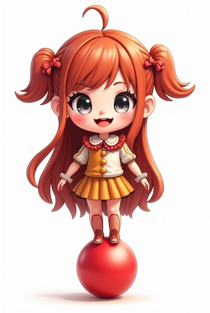 (Chef-d'œuvre ,  style Chibi , meilleure qualité:1.2) femme chibi seule faisant face à l'objectif, typée européenne , Élancée et athlétique , très long cheveux roux attaché en 2 couettes , yeux couleur gris , peau pâle , expression jovial , visage rond sans fossette maquillé comme un clown , vêtue d'une tenue de clown de cirque rouge, or et blanche ; le personnage est debout sur un ballon , fond d'image blanc ; Il captive le public , prise de vue globale ,  Poursuite de l'esthétique incroyable qui vous submergera, chibi , design de personnage complexes , accentuations sur le personnage 