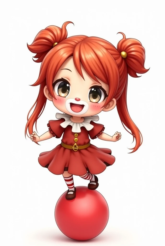 (Chef-d'œuvre ,  style Chibi , meilleure qualité:1.2) femme chibi seule faisant face à l'objectif, typée européenne , Élancée et athlétique , très long cheveux roux attaché en 2 couettes , yeux couleur gris , peau pâle , expression jovial , visage rond sans fossette maquillé comme un clown , vêtue d'une tenue de clown de cirque rouge, or et blanche ; le personnage est debout sur un ballon , fond d'image blanc ; Il captive le public , prise de vue globale ,  Poursuite de l'esthétique incroyable qui vous submergera, chibi , design de personnage complexes , accentuations sur le personnage 