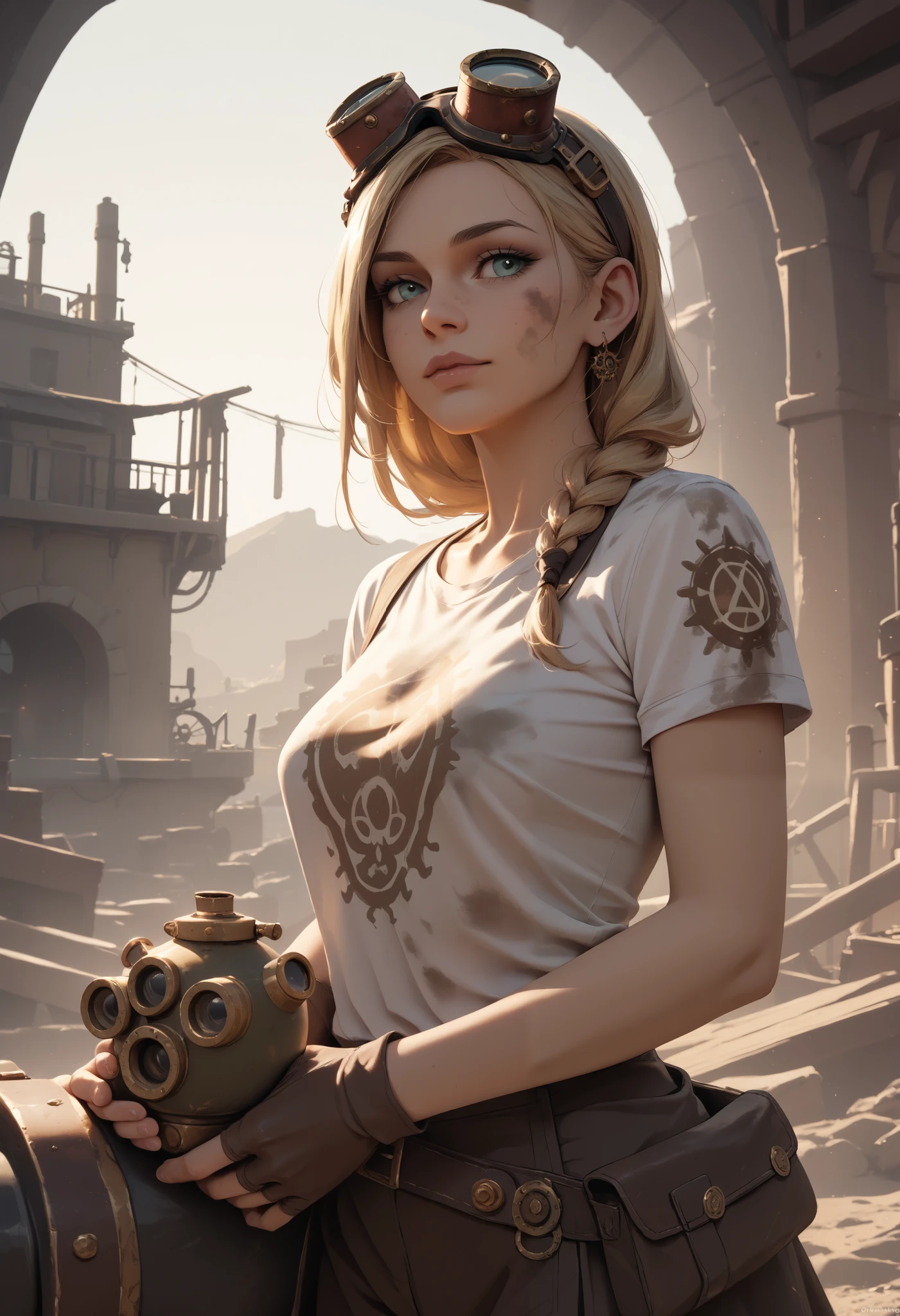 Pin-up Image is a cartoon artwork. A steampunk blonde woman donning goggles on her head, clad in a dirty cropped t-shirt, holding a big spanner, smoky forge on background. This captivating image is masterfully captures the essence of a steampunk world. Every detail is meticulously crafted from the intricate gears and machinery adorning her attire to the smudges of soot on her skin. The artist's skill shines through, creating a vivid and dynamic scene that transports viewers to a realm of mechanical and industrial atmosphere.