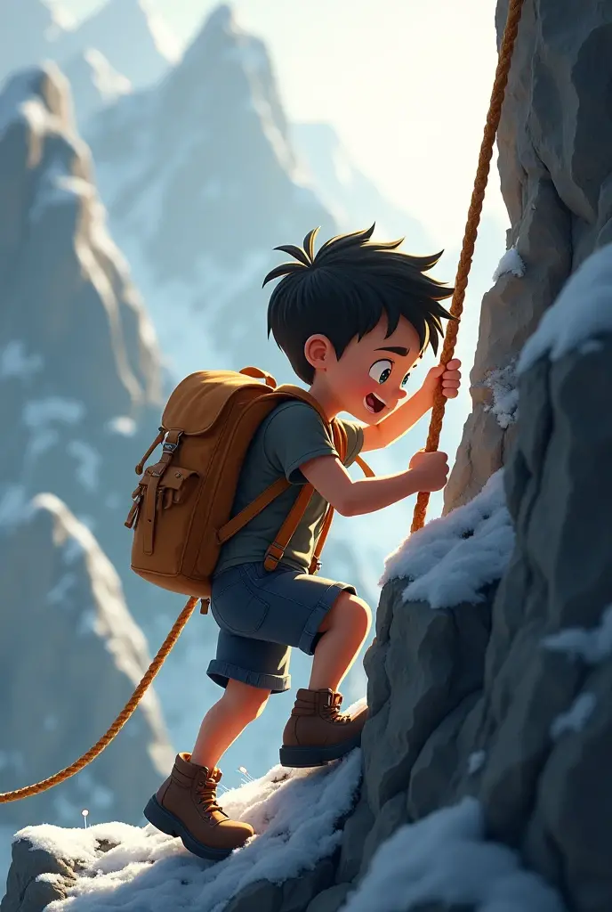 A cartoon boy who had a bag in his sholder and hardly try to climb up a mountain with rope. The image back ground is shiny but the subject shoud be black and the image should be close to natural