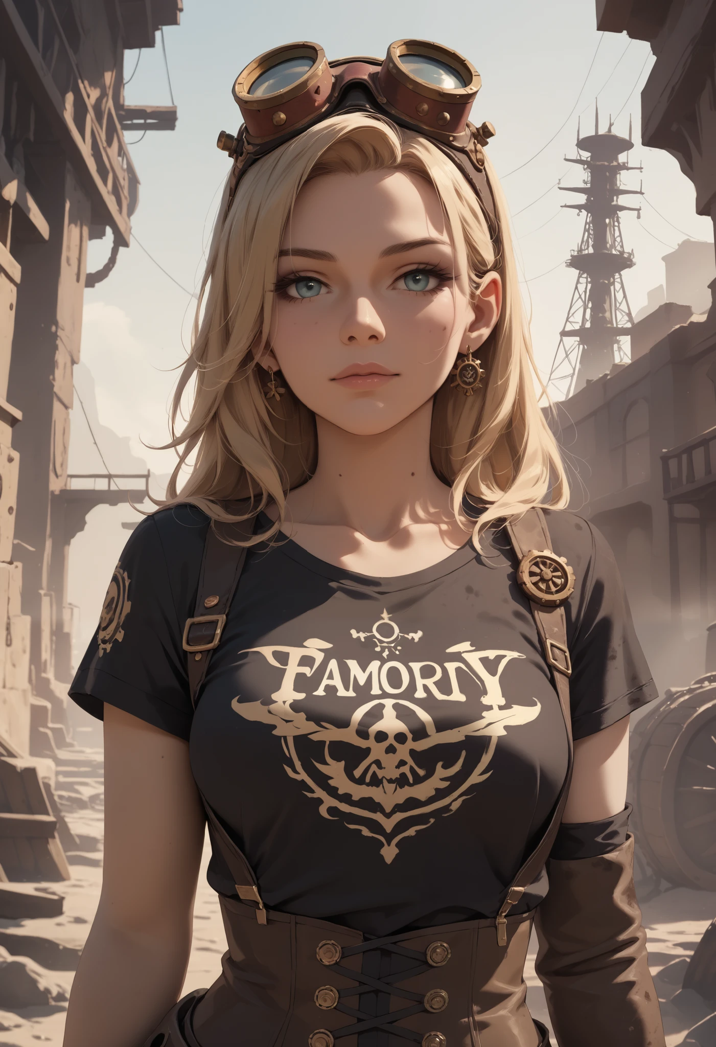 Pin-up Image is a cartoon artwork. A steampunk blonde woman donning goggles on her head, clad in a dirty cropped t-shirt, holding a big spanner, smoky forge on background. This captivating image is masterfully captures the essence of a steampunk world. Every detail is meticulously crafted from the intricate gears and machinery adorning her attire to the smudges of soot on her skin. The artist's skill shines through, creating a vivid and dynamic scene that transports viewers to a realm of mechanical and industrial atmosphere.