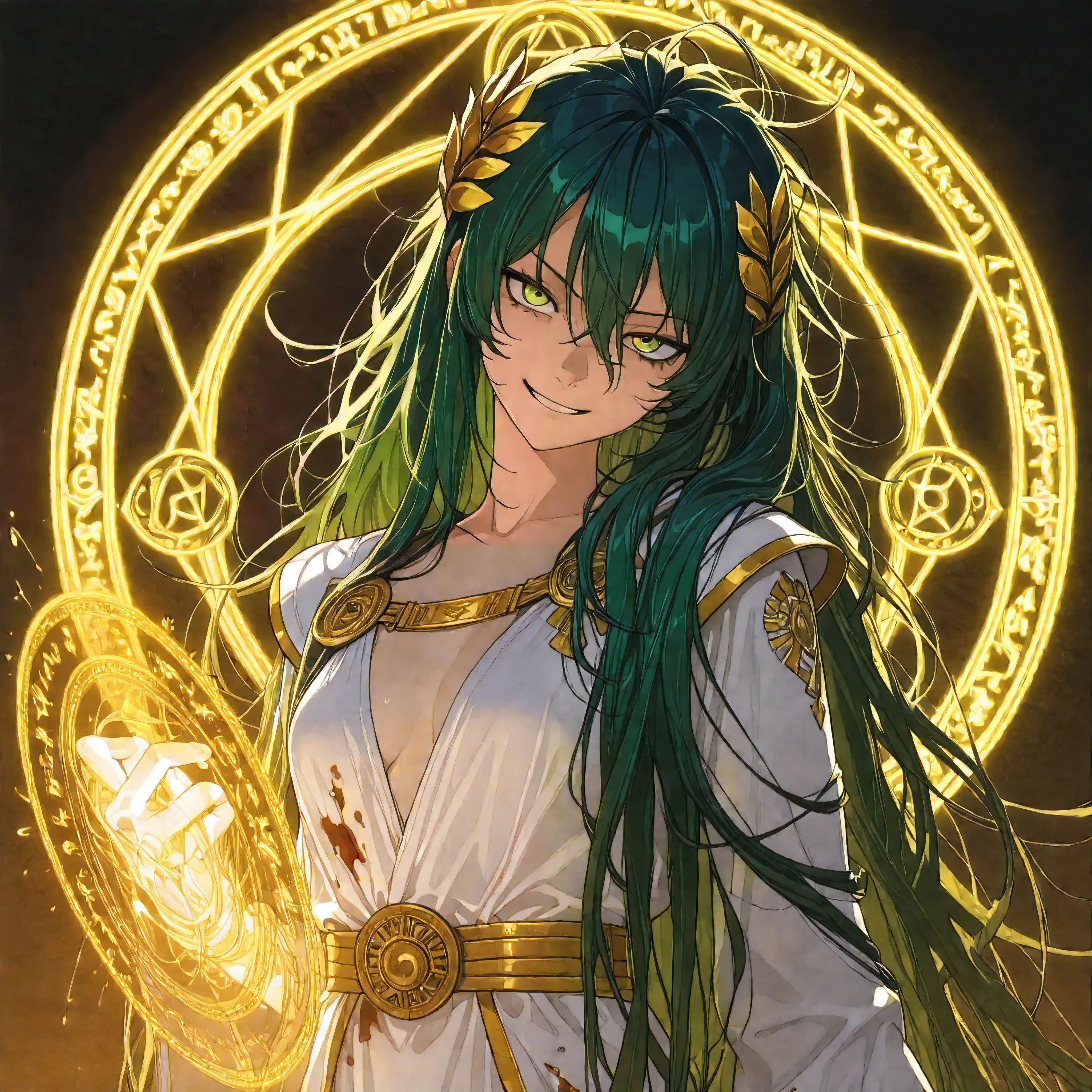 (upper body shot, close up shot, solo:1.0), glowing aura, glowing body, photorealistic anime, extremely detailed, detailed background,magic circle,magic array, detailxl, Anime illustration, detailed anime artstyle, cinematic, volumetric lighting, aurora, massive magical aura, warm light, colorful, light reflection, (head tilt, looking over her shoulder, teasing, death glare, death stare, flirty, romantic, french, royalty, sultry:1.0), (glaring at viewer, side eye, looking at viewer, head tilted upwards:0.97), (1girl:1.08), (young adult, divine beauty, divine warrior:1.4), adolescent, detailed skin, extremely detailed eyes, dynamic pose, armor, green hair, very long hair, (messy hair, hair flowing in the wind:1.77), green eyes, golden eyes, (wild hair, unruly hair, long hair, crazy smile, yandere, gesugao, tsurime:1.1), (uniform, royal assassin, magical warrior, white royal dress, white armor, delicate clothes, royal ornate greek dress, black and gold trimming, black and gold lining:1.13), laurel crown, ((assassin:1.2) french dress, blood stained clothes:1.2), bloody sun, red sun, warrioress, goddess, god of war, bringer of destruction, small breasts, magic, wielding magic,