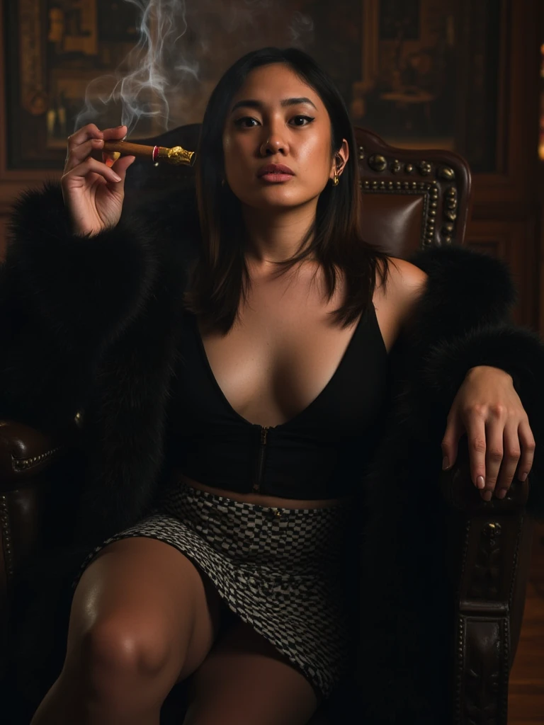1 asian woman, spy, elegantly dressed, smirk, short black hair, holding a cigar,  y2k animation, hq, intricate detail, high quality, smooth, (masterpiece, best quality), tattoos, sitting at bar, red panties, short skirt, purple jacket, corset, purple skirt