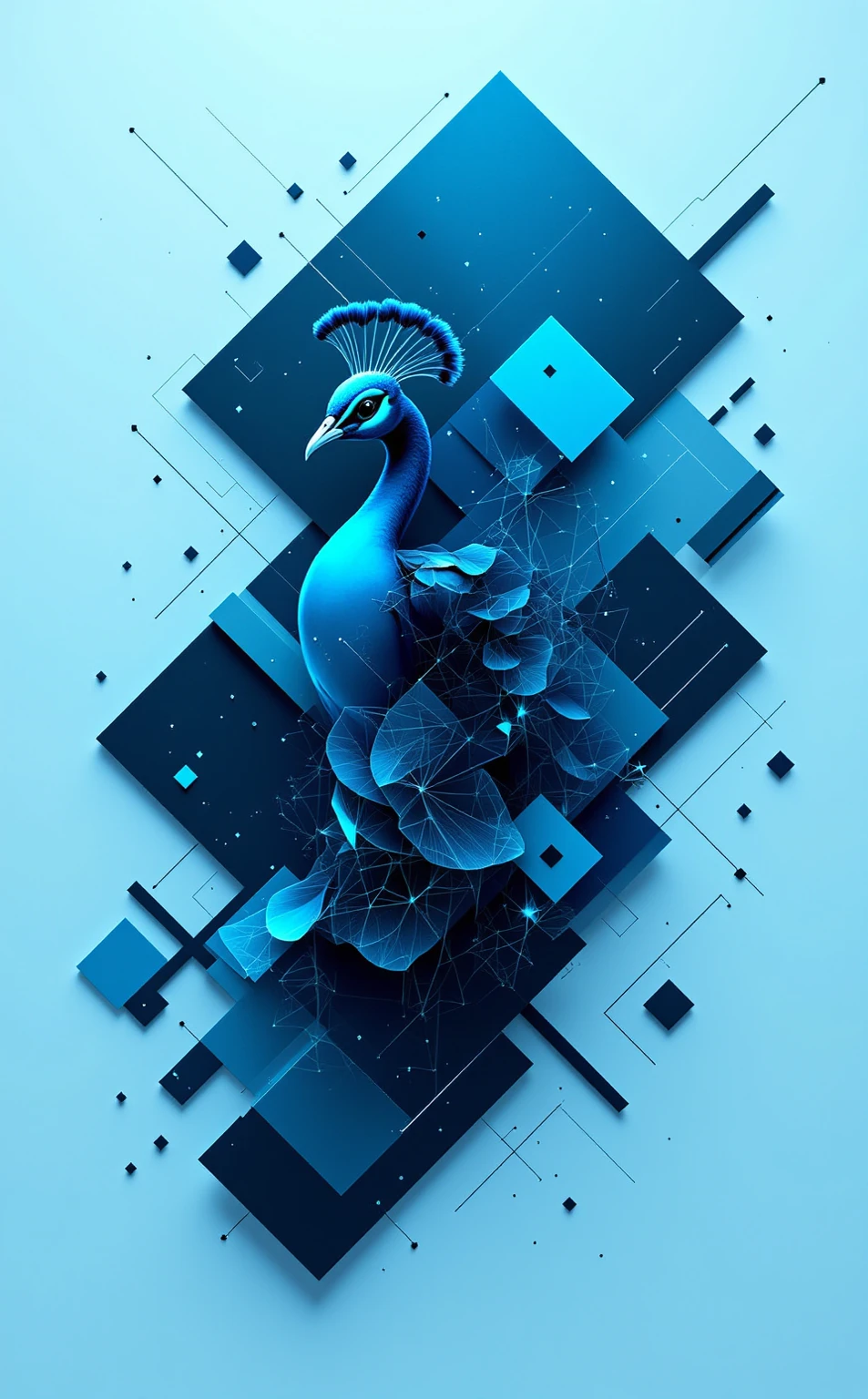 "A Parametric Minimalist interpretation of [Peacock], featuring intricate algorithmic geometries such as fractal tessellations, recursive subdivisions, and parametric equation-derived forms. Render the composition with [Neon Cyan] and [Obsidian Black] in sharp, gradient-free blocks and precise linear accents to evoke digital precision. Balance negative space with geometric density, using sleek metallic or matte surfaces to amplify elegance. The design should feel both futuristic and harmonious, blending mathematical complexity with minimalist restraint."

