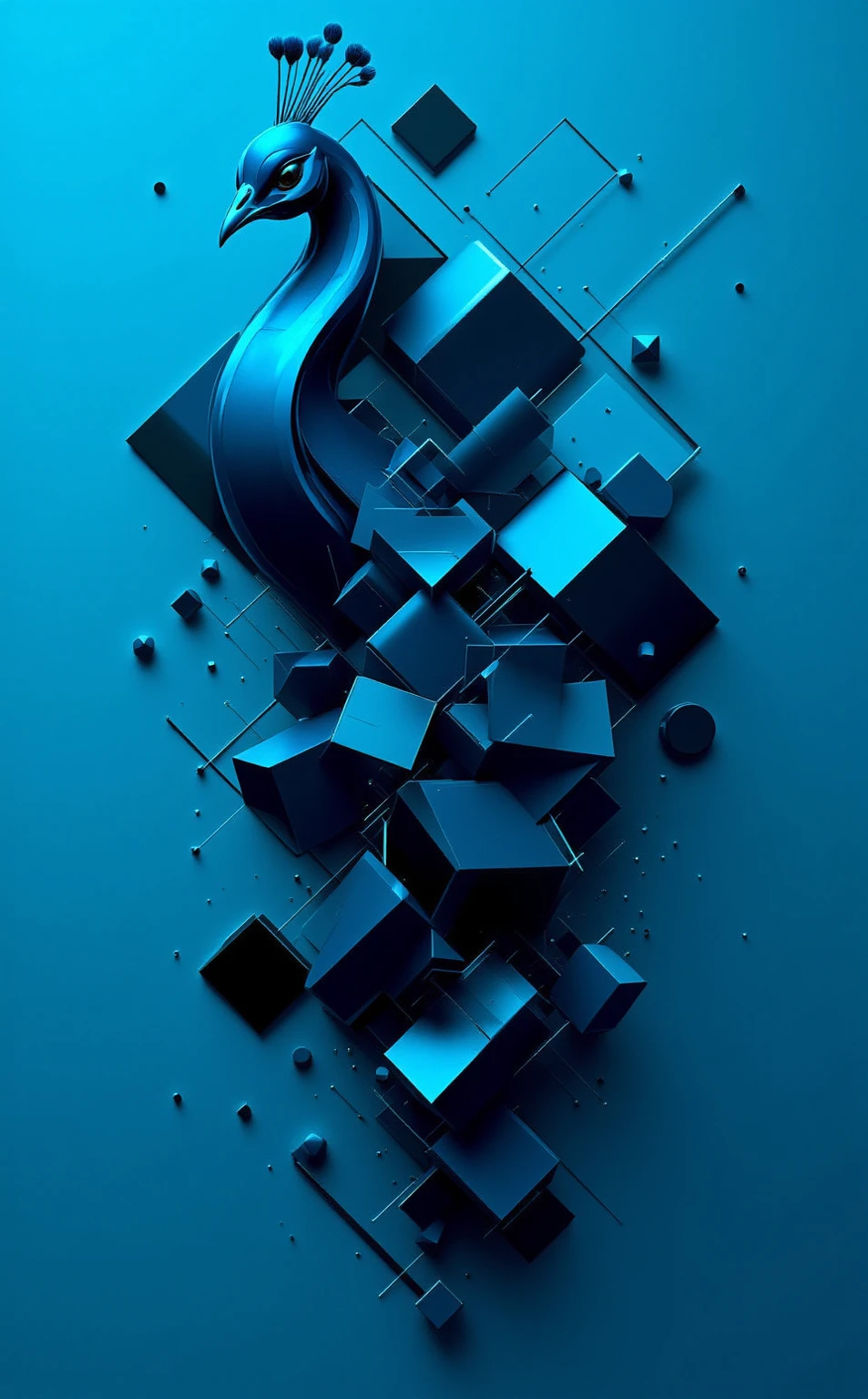 "A Parametric Minimalist interpretation of [Peacock], featuring intricate algorithmic geometries such as fractal tessellations, recursive subdivisions, and parametric equation-derived forms. Render the composition with [Neon Cyan] and [Obsidian Black] in sharp, gradient-free blocks and precise linear accents to evoke digital precision. Balance negative space with geometric density, using sleek metallic or matte surfaces to amplify elegance. The design should feel both futuristic and harmonious, blending mathematical complexity with minimalist restraint."

