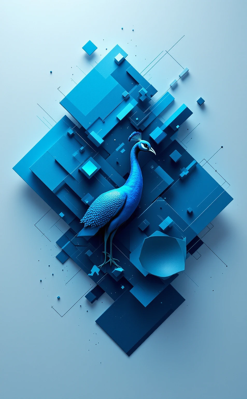 "A Parametric Minimalist interpretation of [Peacock], featuring intricate algorithmic geometries such as fractal tessellations, recursive subdivisions, and parametric equation-derived forms. Render the composition with [Neon Cyan] and [Obsidian Black] in sharp, gradient-free blocks and precise linear accents to evoke digital precision. Balance negative space with geometric density, using sleek metallic or matte surfaces to amplify elegance. The design should feel both futuristic and harmonious, blending mathematical complexity with minimalist restraint."


