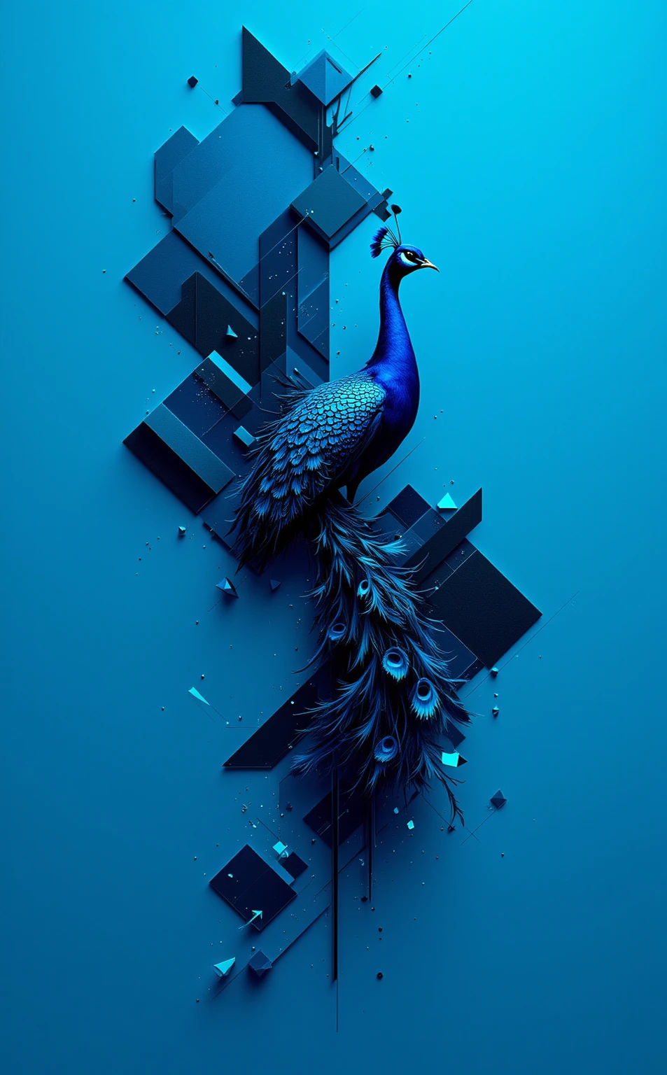 "A Parametric Minimalist interpretation of [Peacock], featuring intricate algorithmic geometries such as fractal tessellations, recursive subdivisions, and parametric equation-derived forms. Render the composition with [Neon Cyan] and [Obsidian Black] in sharp, gradient-free blocks and precise linear accents to evoke digital precision. Balance negative space with geometric density, using sleek metallic or matte surfaces to amplify elegance. The design should feel both futuristic and harmonious, blending mathematical complexity with minimalist restraint."

