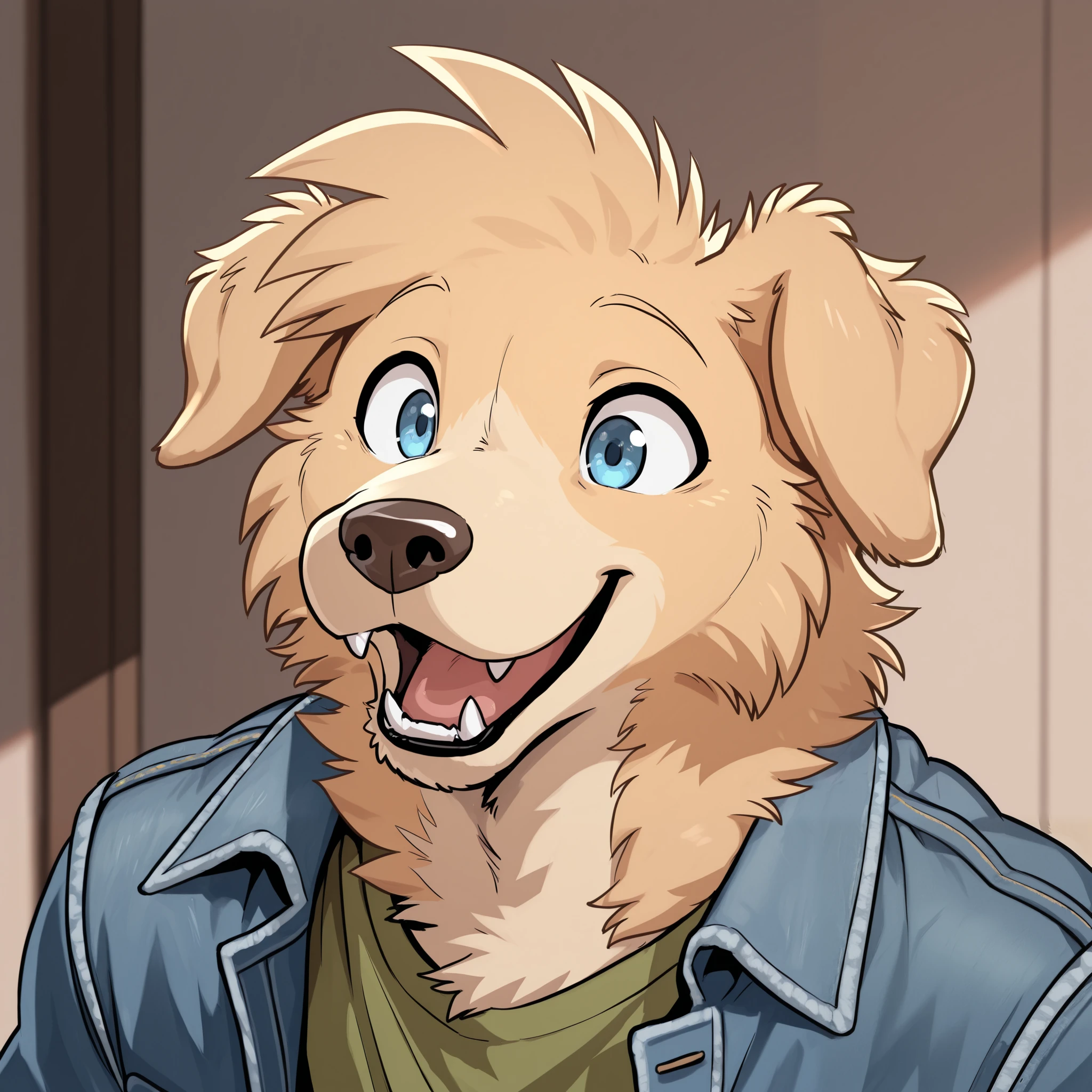 masterpiece, best quality, amazing quality, anthro golden retriever, male, solo, blue eyes, fangs, light brown fur, short hair, lean, tall man, head focus, denim jacket, green shirt, athletic, happy, open mouth