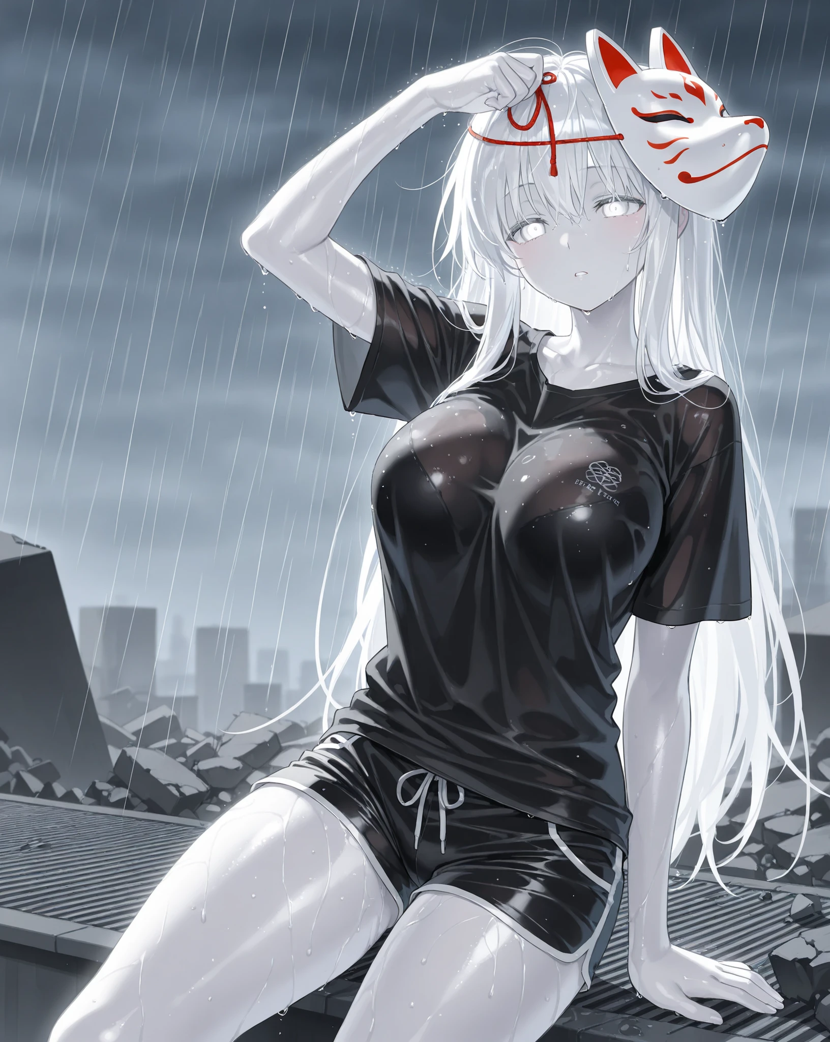 One naked girl、Wearing a leather collar、Sitting with knees up、White Hair、Being exposed to the elements in a city with a heavy snowstorm、Knees up、With legs apart、Expressionless and dead-eyed、Desperate look、Nipples、Pussy、snow on the body、Are pregnant