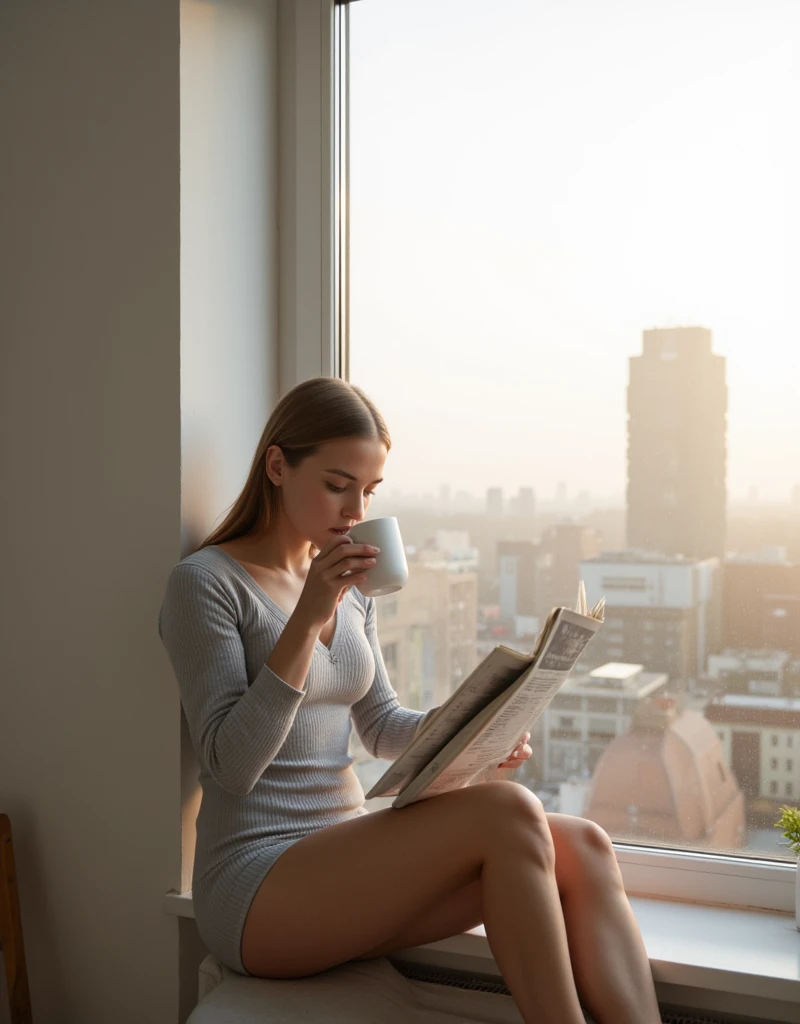 Balcony with plants, View of the metropolis from above, peaceful atmosphere, A little dark in the sky Young skinny brunette shirtless woman swinging on velular, With coffee on the table, Dog sitting on the ground and enjoying the view,