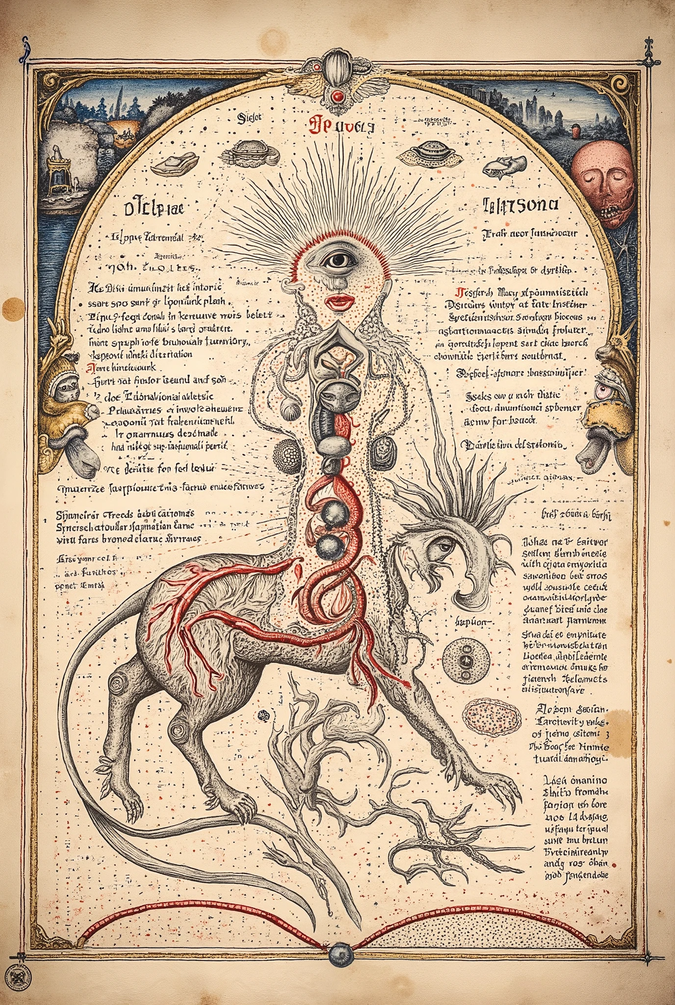 Colourful Medieval Illuminated manuscript style artwork, ((textbook manuscript page)) black ink pen linework illustration of labelled anatomical drawing of ((mythical fantastical woodland dreamland creature)), showing internal structure; bones, muscles, internal organs.
