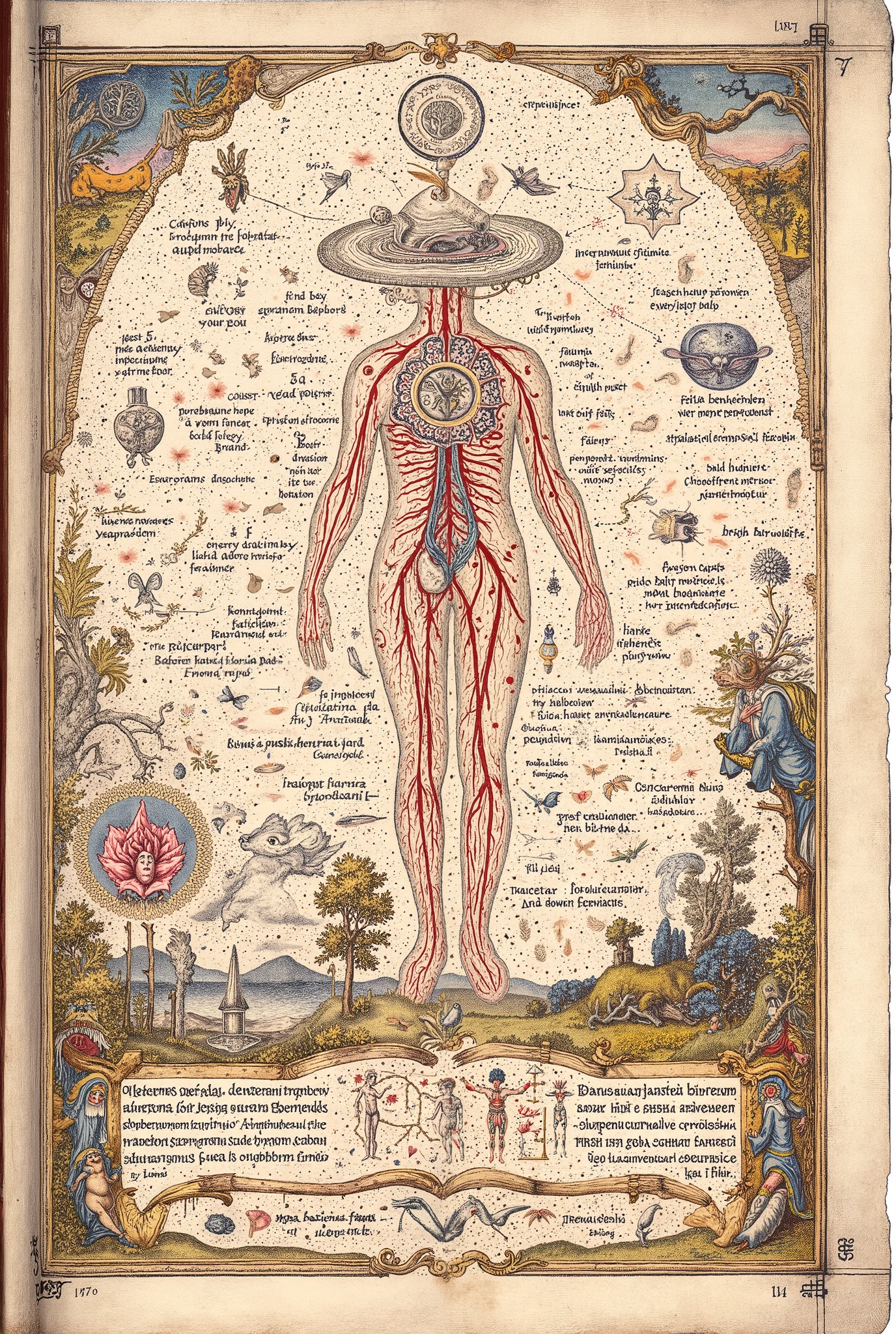 Colourful Medieval Illuminated manuscript style artwork, ((textbook manuscript page)) black ink pen linework illustration of labelled anatomical drawing of ((mythical fantastical woodland dreamland creature)), showing internal structure; bones, muscles, internal organs.