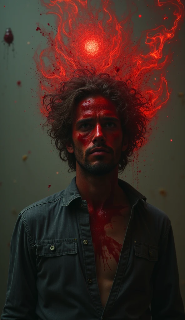 A dark-haired man with curly hair, his hands bloody, looking scared in a red place.