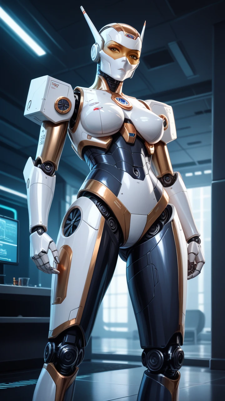 (Muscular:2), (thick thighs:1), (large round breasts:1), (large muscular chest and shoulders:1.4), FEMALE, brown hair, long brown hair, (big smile:0), (mecha body parts, mecha arm, cute cyborg:1.5), looking at viewer, (three quarter view:1.2), upper body view, (white futuristic laboratory room:1.5), dark lighting, detailed skin, detailed eyes, (dark skin:1.4), (very thin waist:1.3), (huge round muscles:1.5),