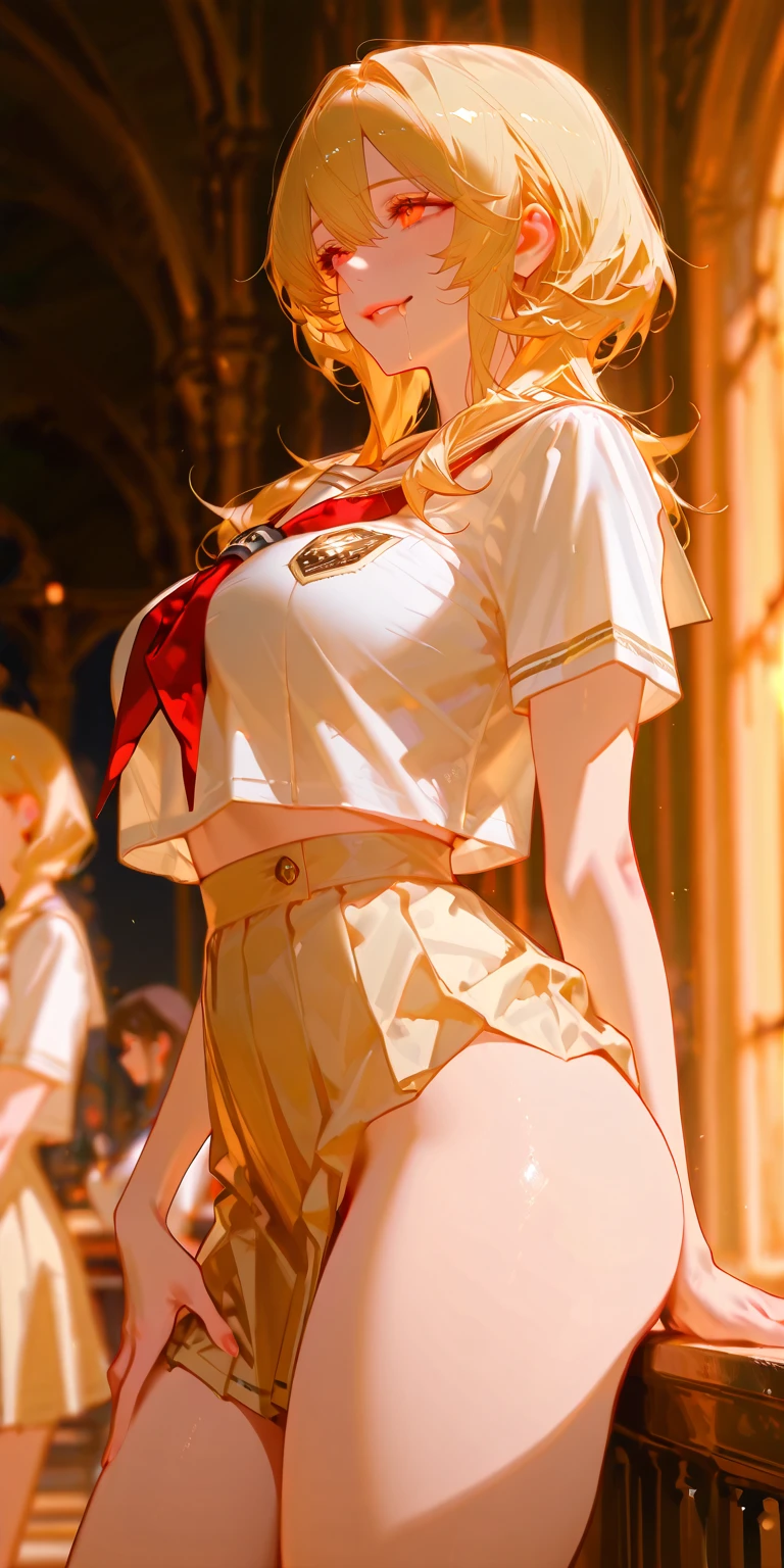  masterpiece, has the best quality, masterpiece, best quality ,  1 girl, blurry background, illumination, bridge of the nose，Slender eyes，alone, Lips,  Perfect Hands ,  female focus ,  748 cm room . ****1 female, ****,  blurred background , depth of field, natural light, ｛柔和的illumination脸上｝, Indoor, blond, Orange eyes, Very Detailed, very beautiful , absurdity of feather,  blurred background , Yandere,  Dark  ,  Dark  빛, Good Hand, detailed eyes, and watch the audience ,  beautiful , sexy,Smiling face,, side view ,  see the audience  ，Light white and light yellow school uniform，Royal sister，elder sister，Super tall，｛alone｝，( perfect anatomical structure，The sun shines on the front face， stands，Extra thick thighs，Drooling，Extreme ，｛bridge of the nose｝，Three-dimensional exquisite facial features，aesthetics， shines on the face，reality照片，reality，｛The hair that highlights the thighs ，Revealing thick thighs，There are only women，Female Love，Lesbian，｛Single female｝Conservative，Grab your thigh，