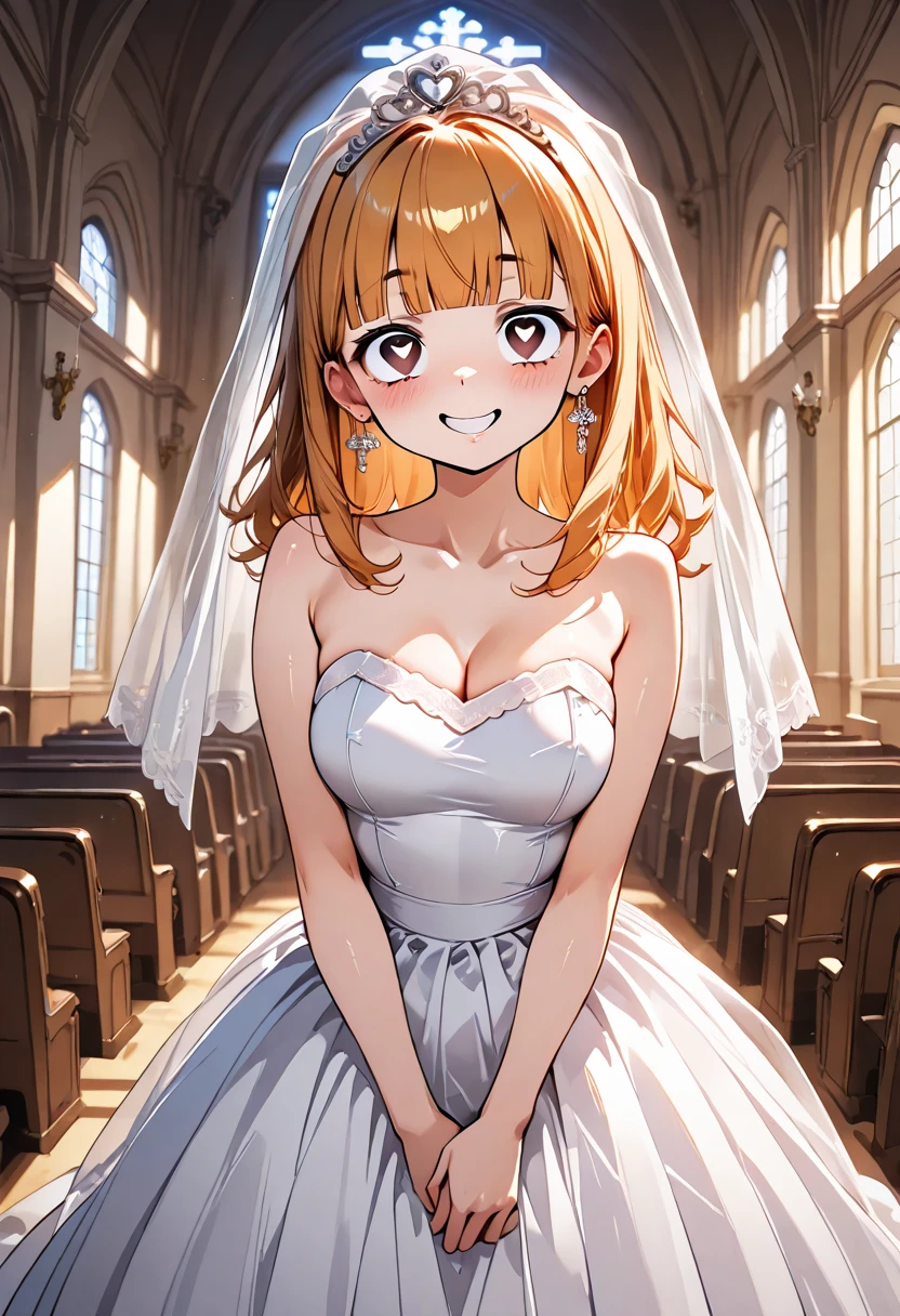 fluffy hair,flaxen hair,Orange Eyes,red tide,Sexy lips,Gloss々Lips,Breasts wide open,Valley,Heart mark in hand,Shy smile,Asymmetrical skirt hem,Luxurious dresses,Light pink wedding dresses,Wearing a veil,Tiara on the head,Confetti is flying