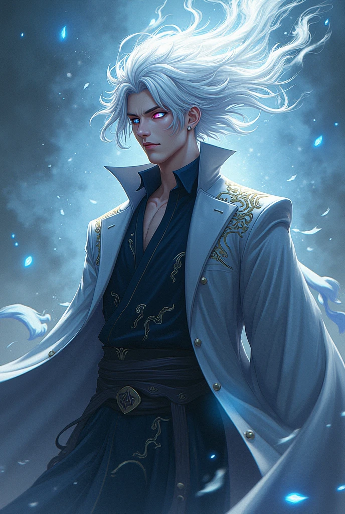 Homem.cabelo branco curto.roupa preta futurista.estilo anime