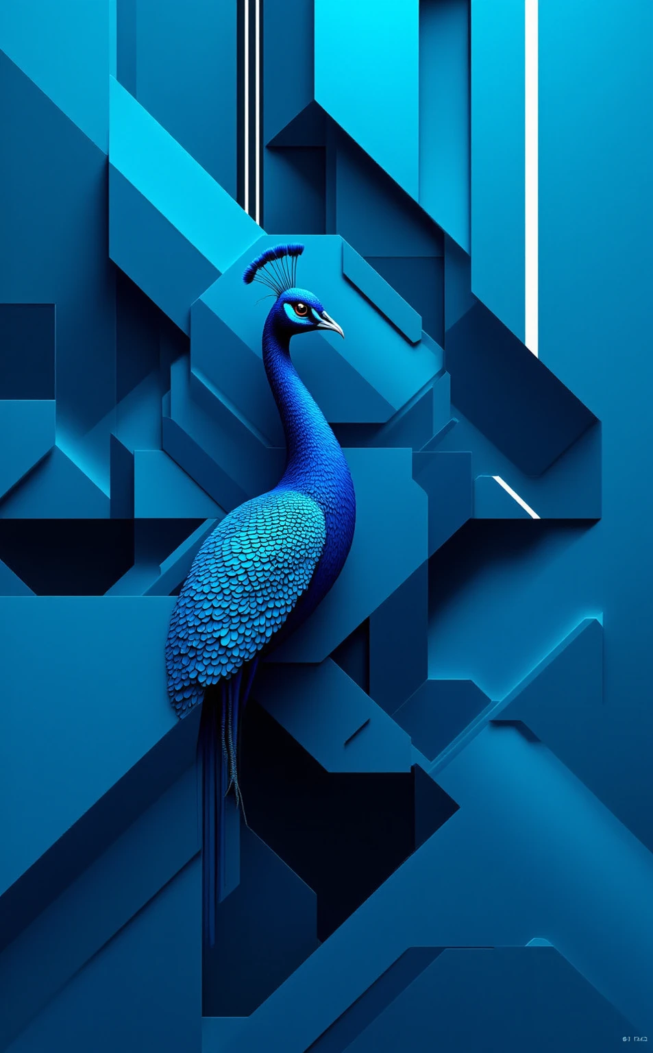 "A Parametric Minimalist interpretation of [Peacock], featuring intricate algorithmic geometries such as fractal tessellations, recursive subdivisions, and parametric equation-derived forms. Render the composition with [Neon Cyan] and [Obsidian Black] in sharp, gradient-free blocks and precise linear accents to evoke digital precision. Balance negative space with geometric density, using sleek metallic or matte surfaces to amplify elegance. The design should feel both futuristic and harmonious, blending mathematical complexity with minimalist restraint."

