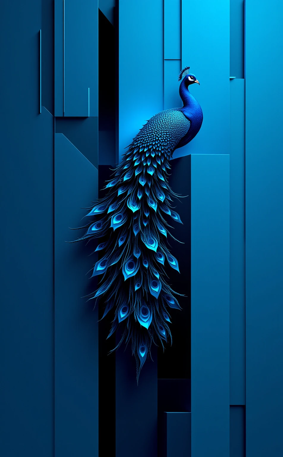 "A Parametric Minimalist interpretation of [Peacock], featuring intricate algorithmic geometries such as fractal tessellations, recursive subdivisions, and parametric equation-derived forms. Render the composition with [Neon Cyan] and [Obsidian Black] in sharp, gradient-free blocks and precise linear accents to evoke digital precision. Balance negative space with geometric density, using sleek metallic or matte surfaces to amplify elegance. The design should feel both futuristic and harmonious, blending mathematical complexity with minimalist restraint."


