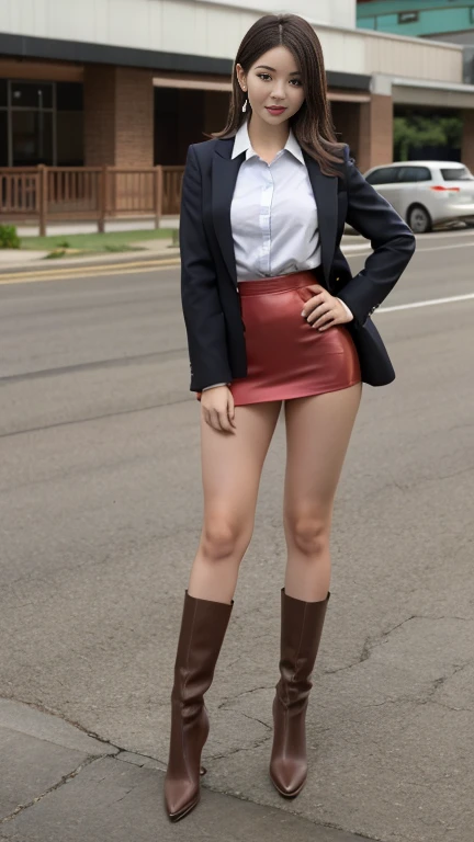 (A hyper-realistic)、(hight resolution)、(8K)、(ighly detailed)、(beautifully detailed eyes)、(top-quality)、(ultra-detailliert)、(masterpiece)、(A detailed face)、Beautiful sexy woman standing on the city street , long dark yellow hair, (( no clothes nude , Wear red long boots with pin heels, red sport gloves, red knee protector, red stocking ,collar))、Very gigantic-breasts:1.8、You can clearly see the shape of the chest、belly visible, nude 、long legged, butt