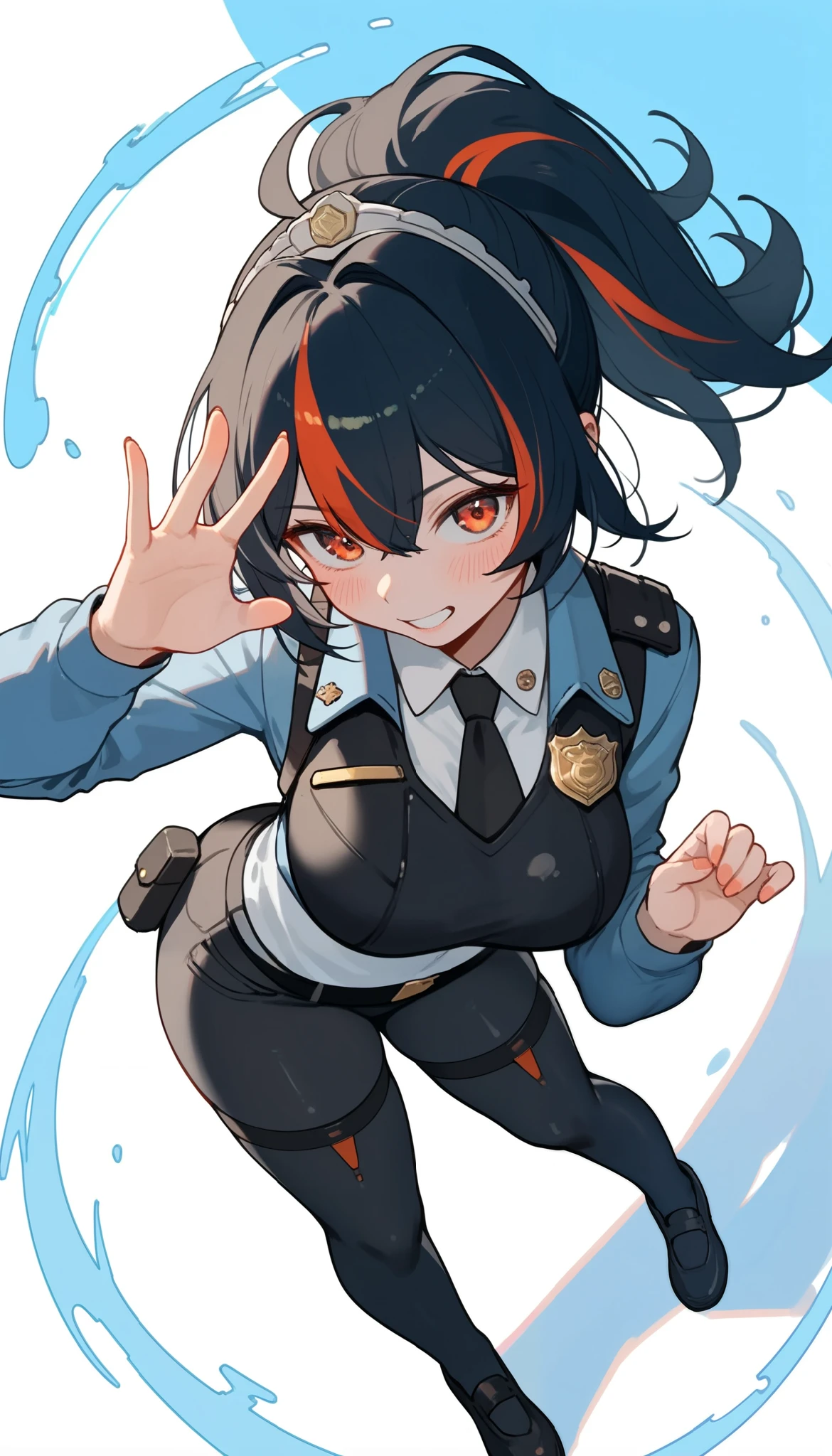score_9, score_8_up, score_7_up, score_6_up, score_5_up, score_4_up, (masterpiece: 1.0), best quality, 1girl , Alone, Viewer, simple background, Expression of disdain, Victory Gesture , blush, Disdainful Eyes, From above, Black Stockings, Police Uniform, big breasts, style: midjourney, zhu_Yuan