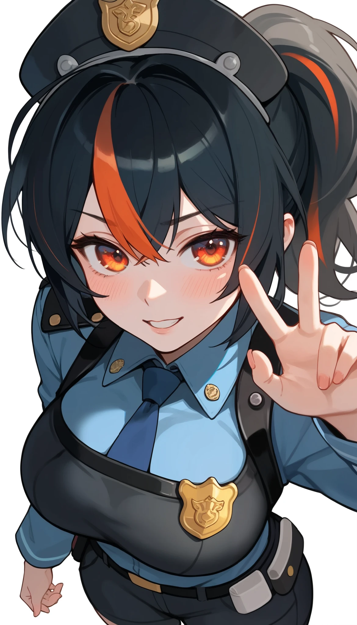 score_9, score_8_up, score_7_up, score_6_up, score_5_up, score_4_up, (masterpiece: 1.0), best quality, 1girl , Alone, Viewer, simple background, Expression of disdain, Victory Gesture , blush, Disdainful Eyes, From above, Black Stockings, Police Uniform, big breasts, style: midjourney, zhu_Yuan