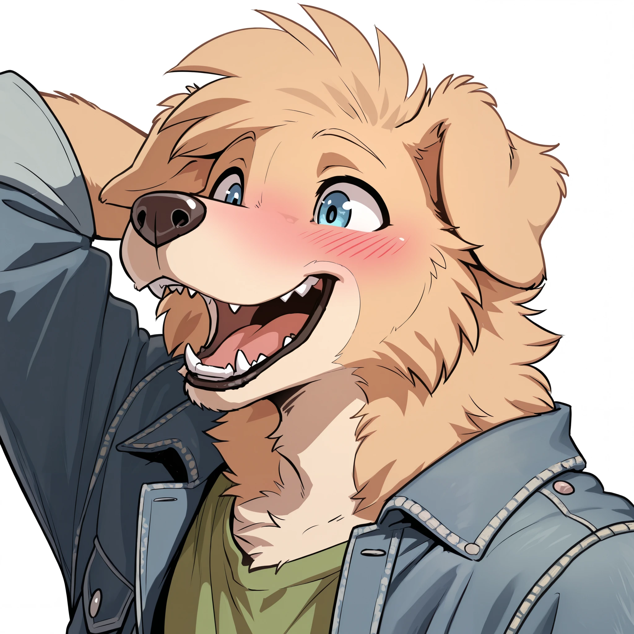 masterpiece, best quality, amazing quality, anthro golden retriever, male, solo, blue eyes, fangs, light brown fur, short hair, lean, tall man, head focus, denim jacket, green shirt, athletic, happy, open mouth, white background, hand behind head, blushing