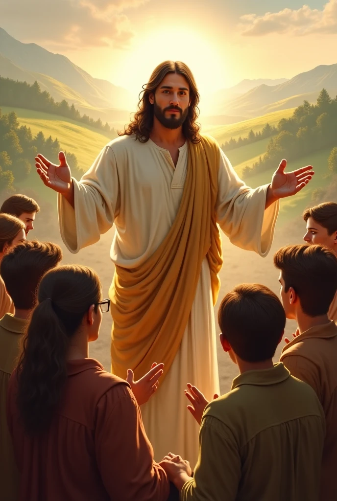 Christ with a Bible and young people praying with their family