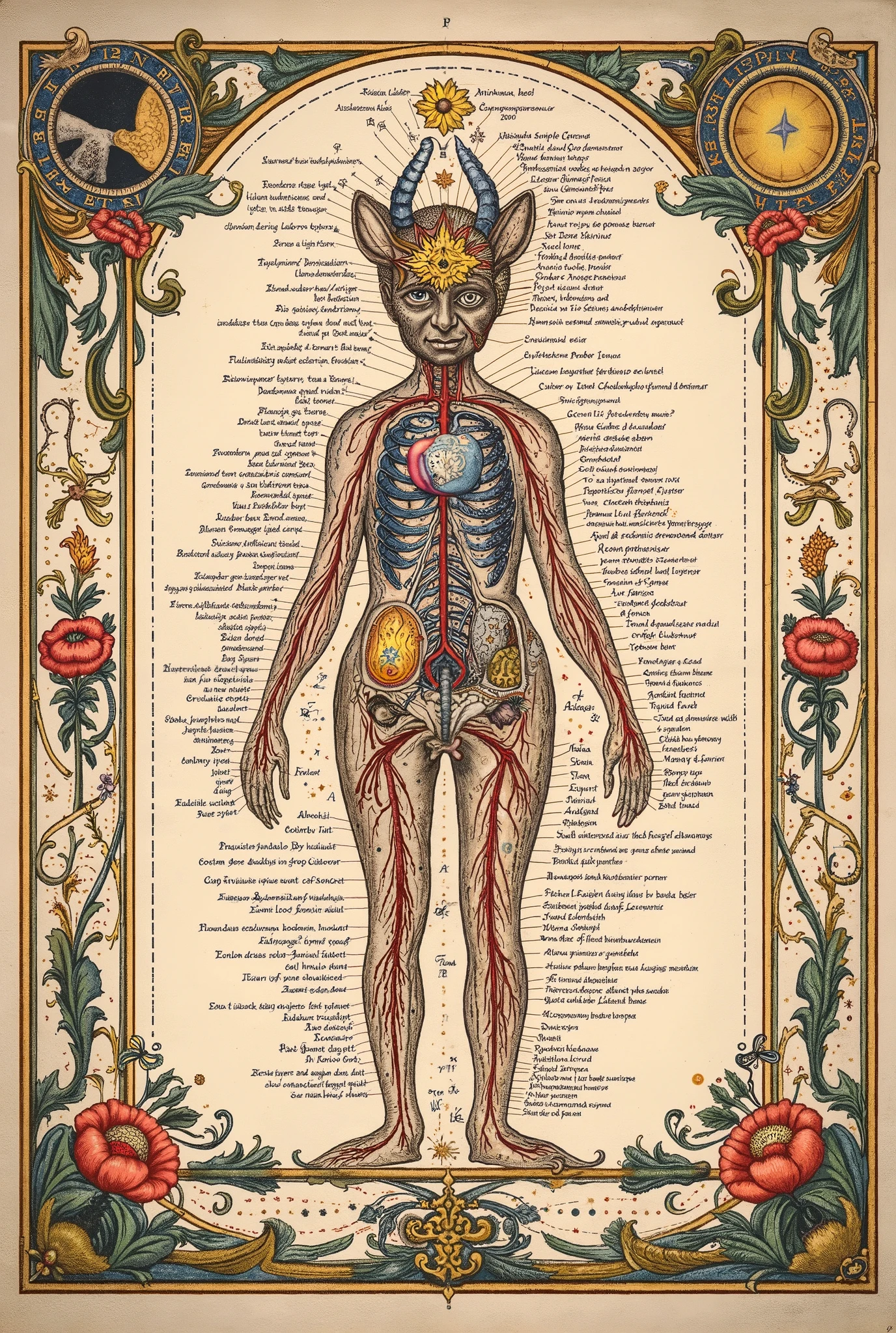 Colourful Medieval Illuminated manuscript style artwork, ((textbook manuscript page)) black ink pen linework illustration of labelled anatomical drawing of ((mythical fantastical woodland dreamland creature)), showing internal structure; bones, muscles, internal organs.