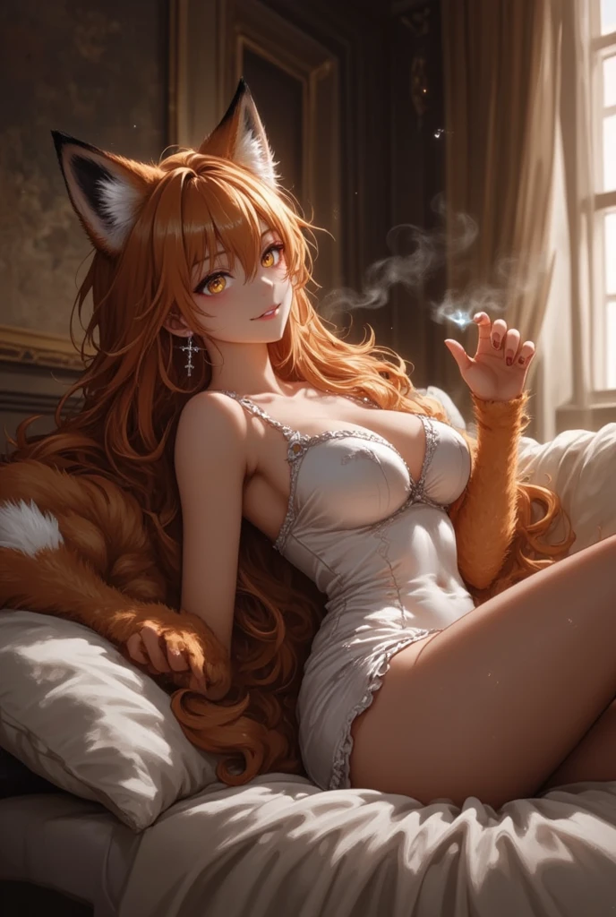 Sexy Neko MILF sitting on the couch, wearing white socks and white panties, open shirt, large tits, horns, shiny cat eyes, red and black hair, very sexy, oil painting, digital painting, Portrait by Miho Hirano, Hayao Miyazaki, extremely detailed, moody lighting, 8k
