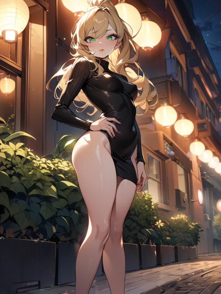 (best quality), (highly detailed), (masterpiece), (1girl), (Marcille_Donato_DungeonMeshi), blonde hair, long hair, twin braids, elf, pointy ears, green eyes, smile, (skinny body: 1.2), (thin legs: 1.2), (black playboy bunny), (black fake rabbit ears), (black Fishnet tights), (black high-heels), standing, crossed arms, full body, dutch angle, night, neon lights, city, Outdoor