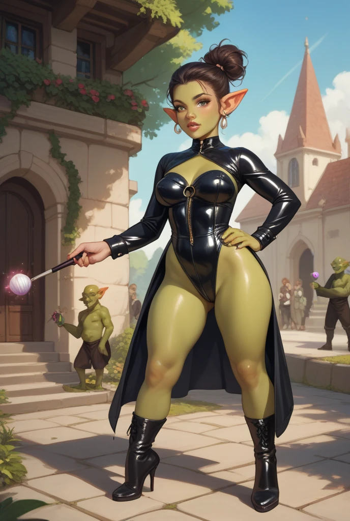 masterpiece, absurdres, 4k, (green skin), small pointy ears, portrait goblin woman psychiatrist, wearing ornate leather catsuit, wearing thigh boots, posing with a whip, dynamic pose, wide stance, jewelry, medium breasts, sly smile, ((long silver hair)), volumetric lighting, grey eyes, ambient lighting, dimly lit, sexy lighting, cinematic still, sexy, dangerous, turned on, whips and chains in background