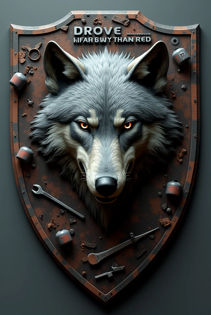 Create a military shield for me where a wolf appears should say. Bravo company elsewhere that says maintenance and that has tools or items related to helicopter maintenance