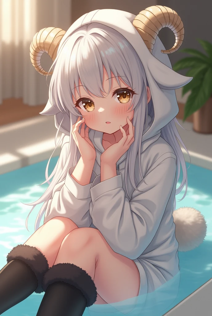 (young :1.3),furry,long hair,light grey fur,flower bath,outdoor,sea of flower,sparkle star,light and shadow,gold light,naked,smile,shy face,heart eyes,heart eyebrow,heart eyes expression,full face blush,crawl in water,back view