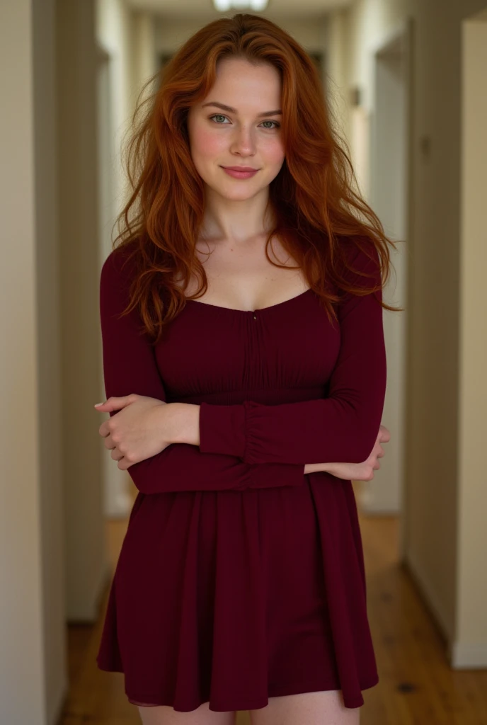 (photo realistic:1.4), (hyper realistic:1.4), (realistic:1.3), UHD, Masterpiece, textured skin, super detailed, high quality, award wining, best quality cinematic lighting, sadie sink, 18 years old, freckle, cute face, actress, strangers things, sexy light dress, perfect legs, red hair, (blue-eyed girl), highly detailed glossy eyes, light smile, beautiful poses, small breasts, specular lighting, dslr, ultra quality, red shoes