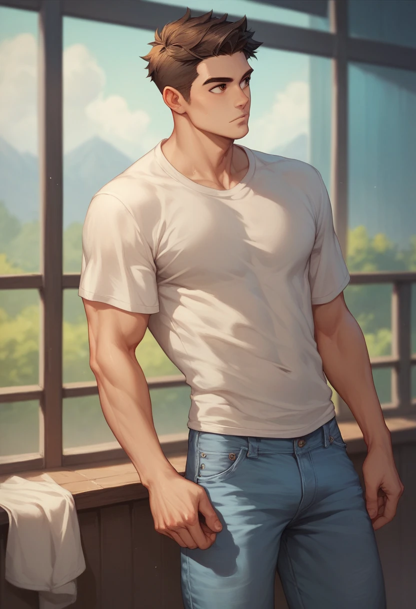 Exquisite details, perfect painting, clear summer sky, a handsome 20-year-old man with short hair, deep eyes looking at the picture, smiling, bust, standing on the lake, short-sleeved clothes, full muscles, obvious abs, HD details