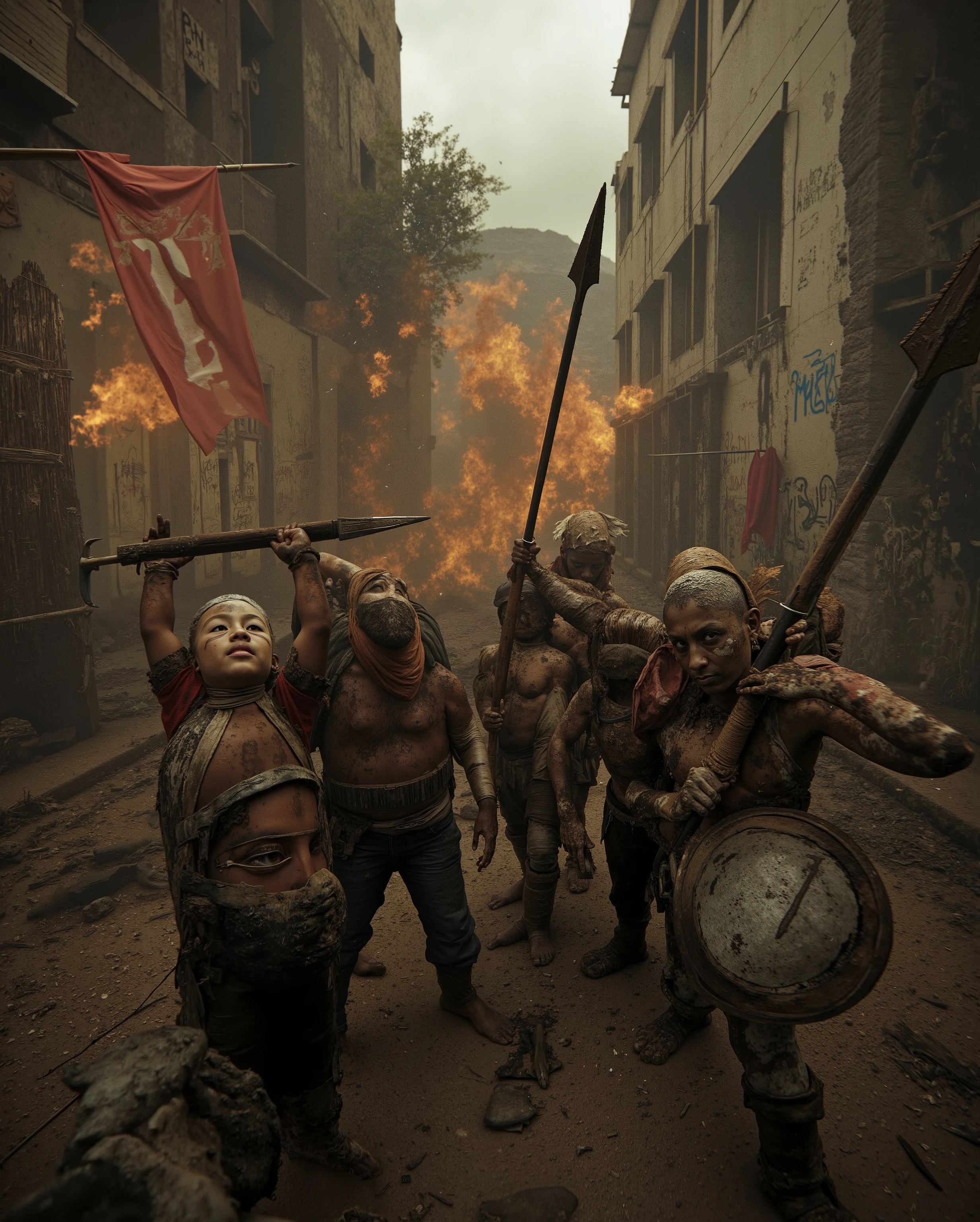 Create a cinematic, photorealistic image set in a post-apocalyptic world where all adults have perished, leaving only hardened youths,  6-14, rriors to rule the wasteland. The perspective is from someone being confronted by a group of these survivors, their faces streaked with dirt and war paint, eyes sharp with the feral intensity of those who have known nothing but survival.

Their makeshift armor is cobbled together from salvaged materials—motorcycle pads, scrap metal, torn leather—while their weapons are a brutal mix of spears, scavenged rifles, and jagged blades. Some wield slingshots or bows, their hands steady and trained. Their leader, a  with cold, calculating eyes, stands at the front, sizing up the outsider, deciding if they are a threat—or prey.

The ruined city behind them is a graveyard of civilization, overgrown with vines and graffiti-marked ruins. Fire-lit shadows flicker against crumbling walls, makeshift banners waving in the wind.