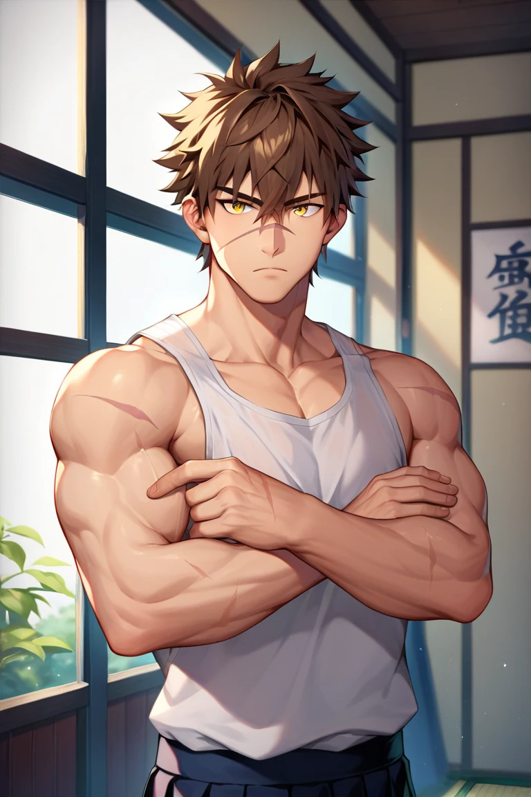 muscular muscular body, imposing body,Imposing appearance, muscular arms, muscular legs, only body, trapezoid torso, sturdy body, muscular body, defined round and fleshy pecs, defined washboard ABS, defined armsmuscular male soloanime boy, chihiro fujisaki, danganronpa, ite brown floppy hair huge bulge young