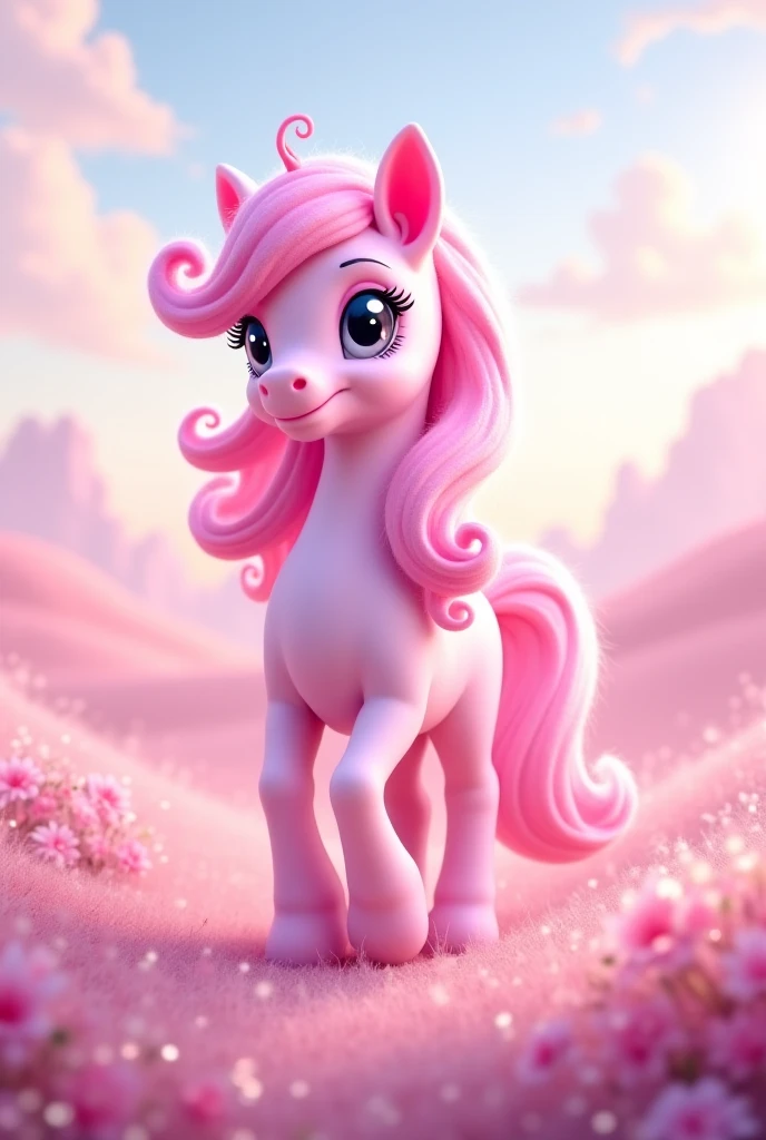 Small detailed white unicorn posing with colorful mane and beautiful horn with colorful flowers and exaggeratedly detailed background with cotton candy clouds in the sky without much pink in the image