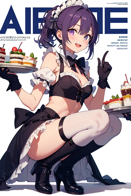 1 girl, small nose, very beautiful detailed face and eyes, bright colors, cute face, delicate beautiful face, Bright magenta eyes, cute eyes, sparkling eyes, Big eyes, (big breasts:1.3), (perky chest:1.1), (pointed chest:1.0), (cakes magazine cover:1.3),highest quality, WorKs of masters, High resolution,BlacK color hair,shiny hair, side ponytail,hair between eyes,bangs, (black jacket, real clothes, cleavage, midriff, black skirts, black thighhighs, thigh strap, fingerless gloves, single glove:1.2) , spread legs, panties shot, medium hips, glamorous body, white skin, smile, thin pubric hair, super beautiful face, Super beautiful eyes, Super beautiful hair,trendy outfit,sexy and attractive,full body esbian, Real World, Natural light,perfect Natural light,(with sparkling eyes and a contagious smile), looking at viewer,