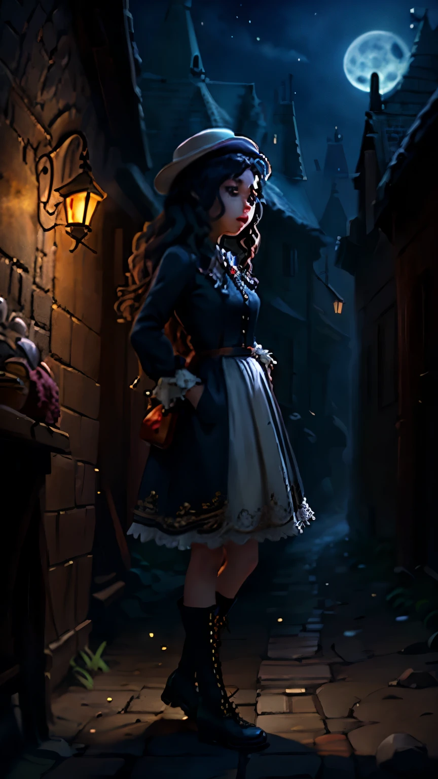 Masterpiece , best quality, identity v, button eyes,
1girl, black hair, dress, wavy hair, combed into one half, chelka, shoes, Black boots , One, white рубашка, long hair, long corridor , manor , moonlight from the window , from the side, Night, Looks right from the side view, side view , long sleeve shirts, lips, a coming , closed mouth, black куртка, hangs from the forearm